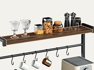 Rack with Power Outlet, Kitchen Storage Shelf with 6 Hooks, Microwave Stand with Storage, 4-Tier Coffee Bar Station, for Kitchen, Dining Room, Rustic Brown and Black BRHR351E01