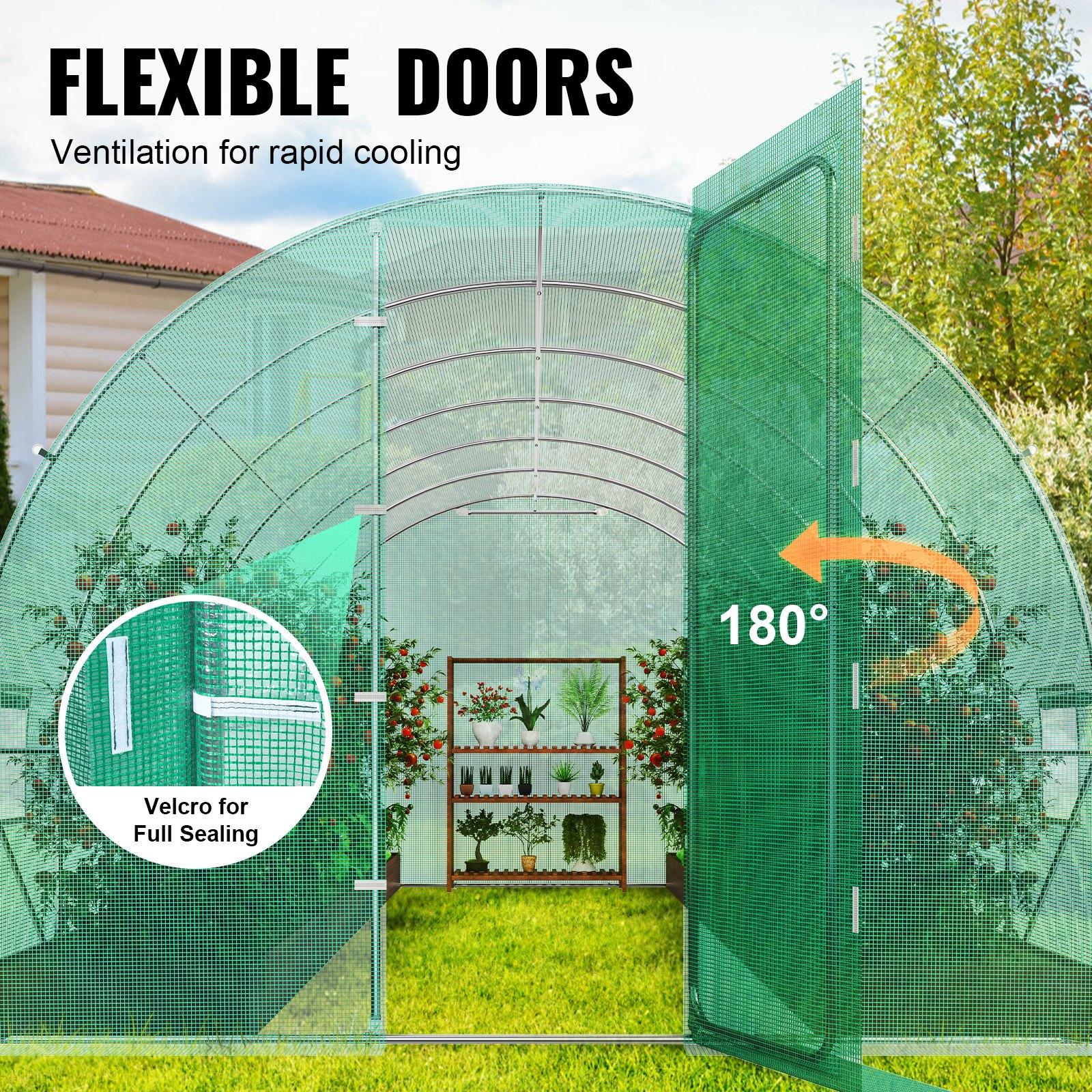 VEVOR Walk-in Tunnel Greenhouse, 27.4x9.5x7.4 ft Hoop House Greenhouse Tunnel, Plant Hot House with Galvanized Steel Frame, Green PE Cover, Swing Door and 16 Roll-up Windows for Outdoor