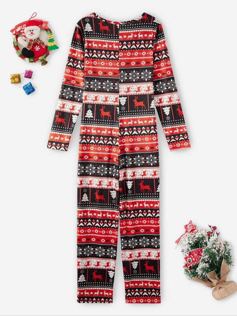 Christmas Themed Women's Lounge Jumpsuit, Striped Color-Blocking Pattern Design - Cozy Long Sleeve V Neck Sleepwear for Fall & Winter, Pajamas for Women