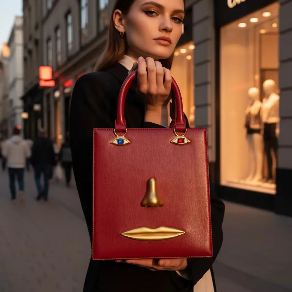 Women Genuine Leather Top Handle Tote Bag, 3D Face Eyes Nose Lips Decor Handbag, Novelty Structured Satchel Purse With Detachable Shoulder Strap