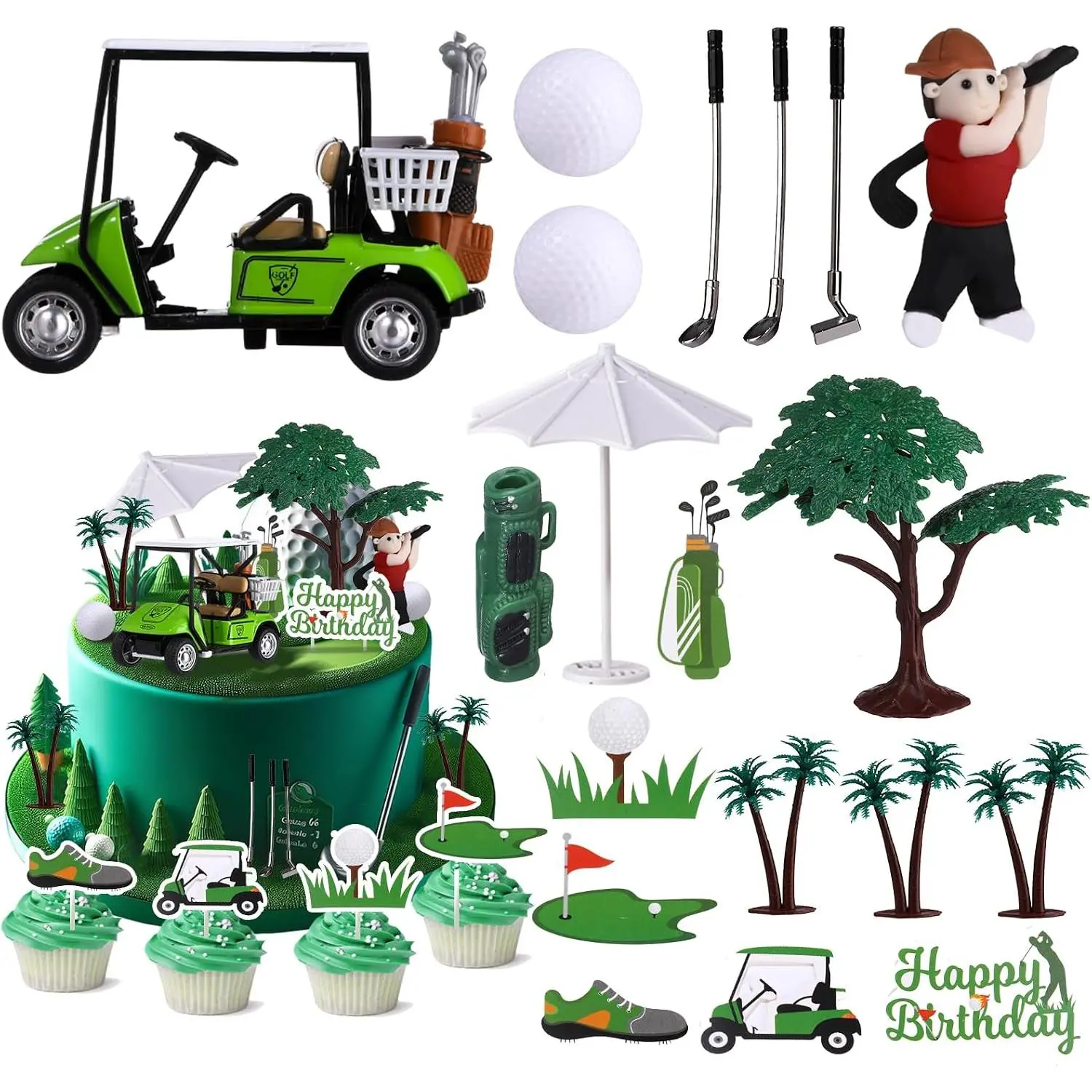 RAYNAG 19 Piece Golf Cake Toppers Set – Mini Cart, Clubs, Ball, Red Flag with Clay Figurines, Sun Umbrella Cupcake Toppers for Golf-Themed Birthday Party Supplies