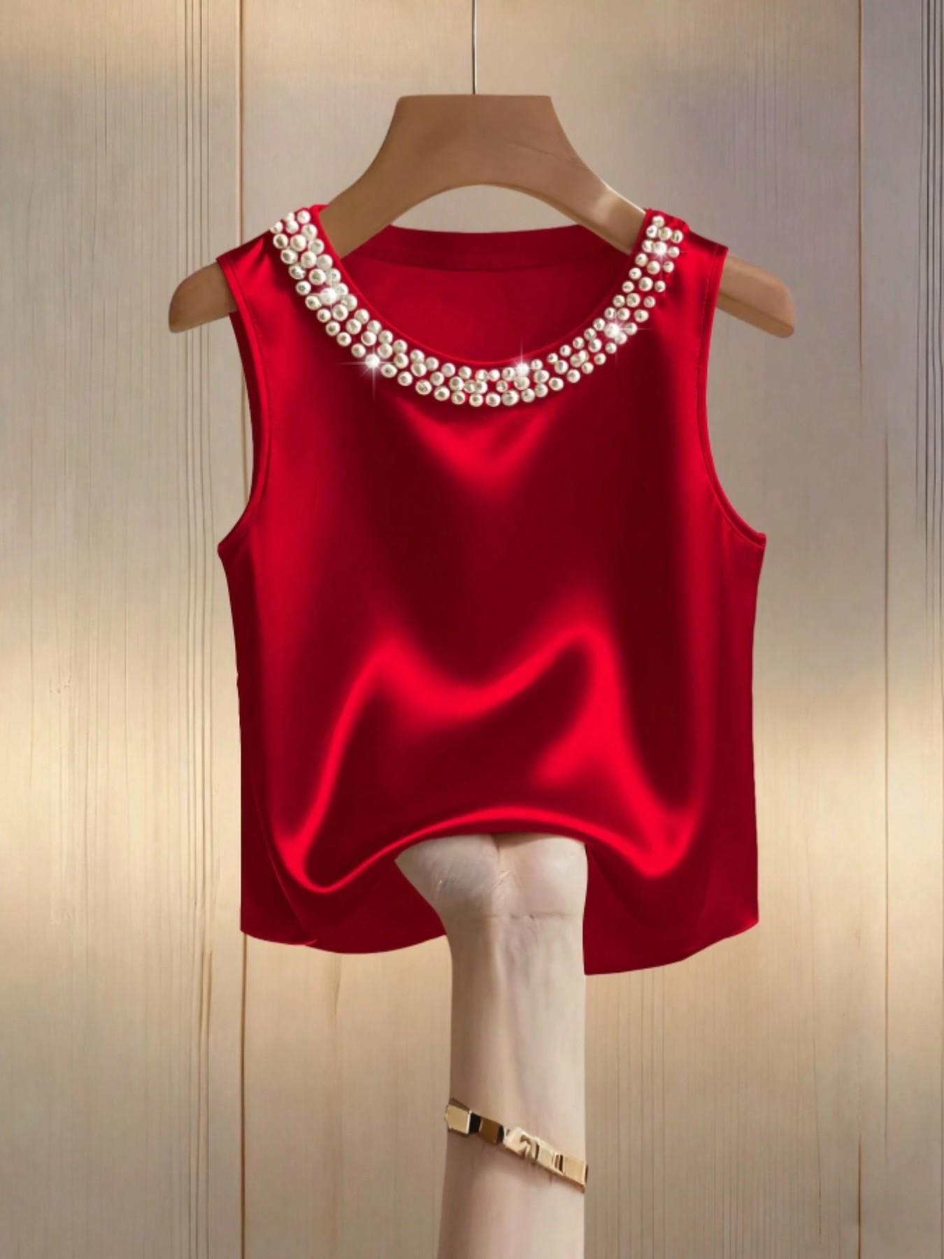 Women's Plain Pearl Round Neck Simple Fashion Minimalist Vest Top, Casual Fitted Sleeveless Blouse, Stylish Daily Wear Clothing