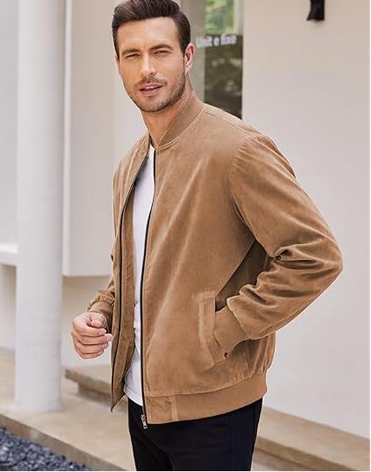 COOFANDY Men's Casual Sports Jacket Retro Lightweight Suede Baseball Jacket, Fashionable Street Style Jacket, Suede Fabric Fashionable Comfortable Jacket, Men's Top Coat, Men's Jacket Coat