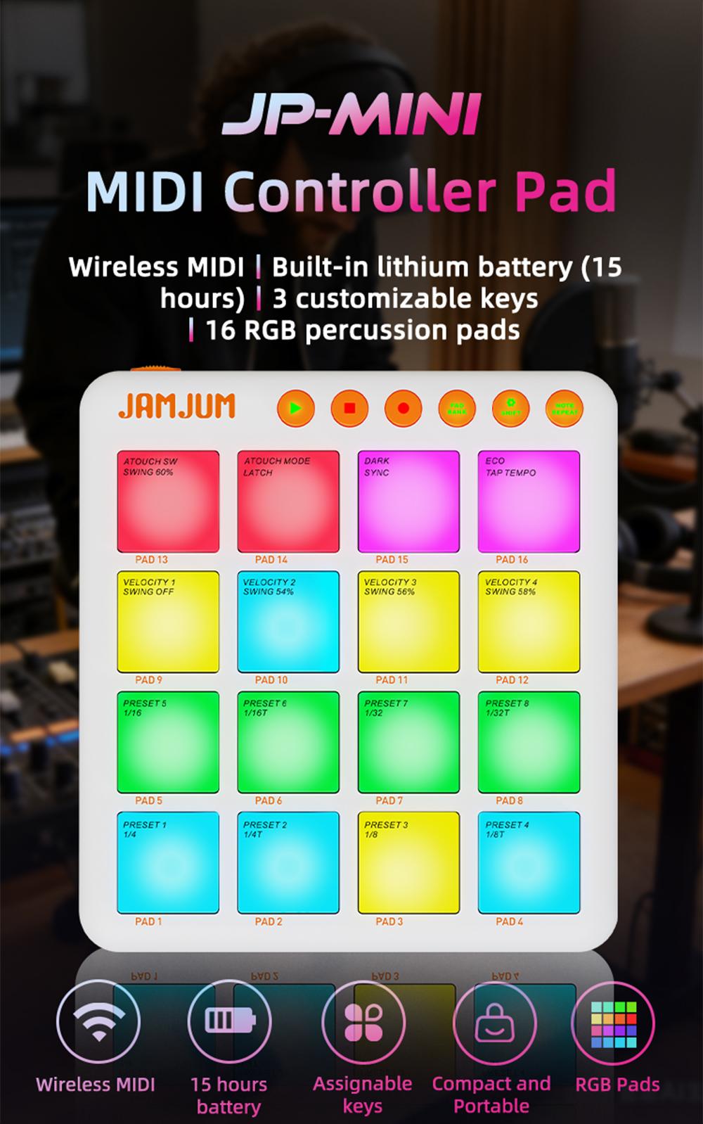 JAMJUM JP-Mini Midi Drum Pad with RGB Backlight, Pocket Size Rechargeable Controller Pad, Percussion Instrument, Drum Practice Pad, APP Compatible, Ideal for Beginners