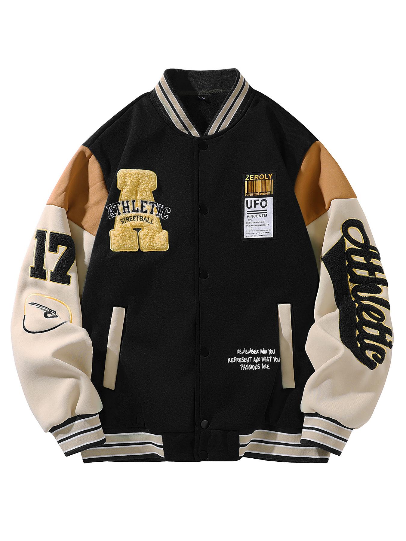 Autumn Winter American Retro Colorblock Embroidered Baseball Jacket, Youth Trendy Fleece Embroidery Letter Design, Casual Couple Outdoor Coat