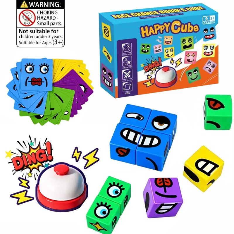 Face-Changing Block Tower Toy, Stacking Blocks Toy with Bell and Cards & Expressions, Multiplayer Competitive Tabletop Game, Expression Stacking Tower.