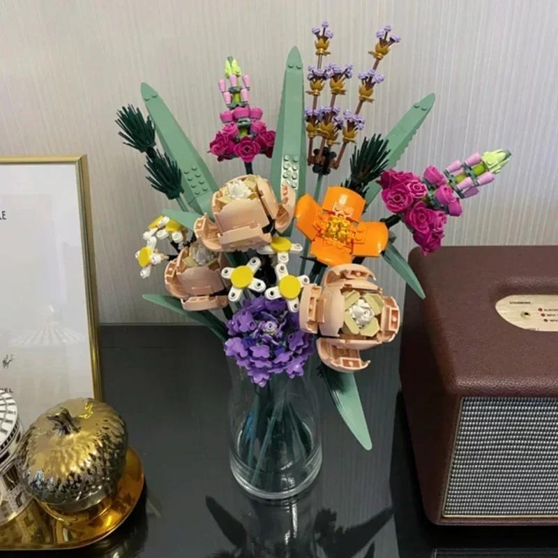 789pcs Pink Rose Bouquet 10374 Building Blocks Sets Red Rose Artificial Flower Bouquet Suitable for Christmas Gifts for Girlfriend Valentine's Day Gifts