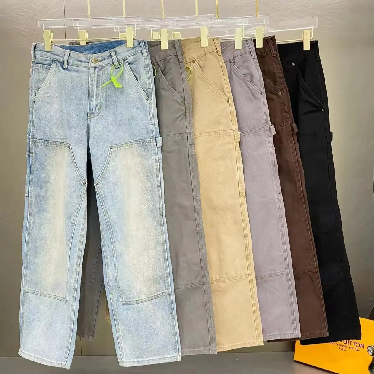 Vintage Light Wash Double Knee Carpenter Jeans, Loose Straight Leg Casual Workwear Denim Pants For Streetwear