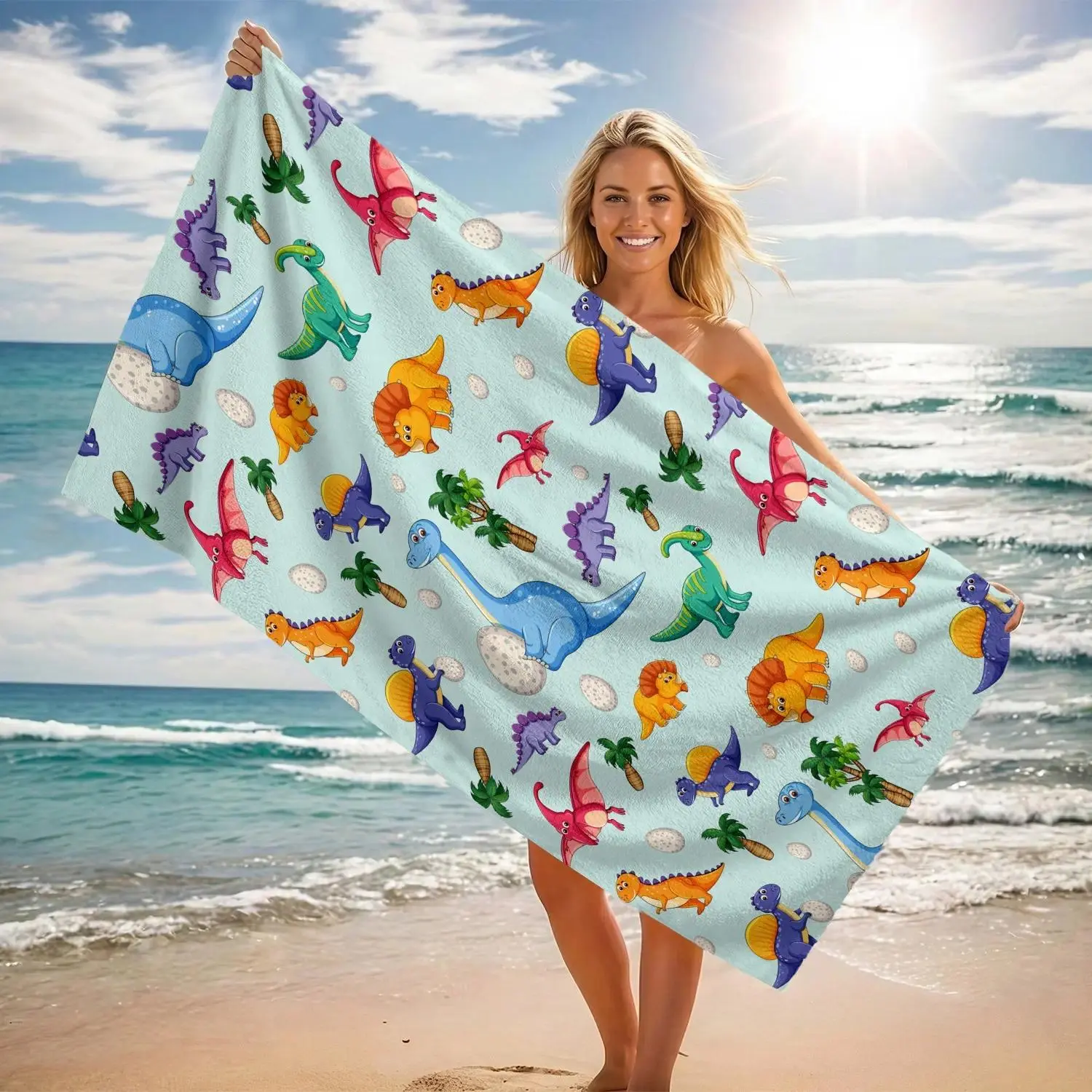 Dinosaur Kids' Beach Towel for Boys - Polyester, Classic, Soft, Absorbent, Breathable, Quick-Dry Swimming Towel, Polyester Fiber
