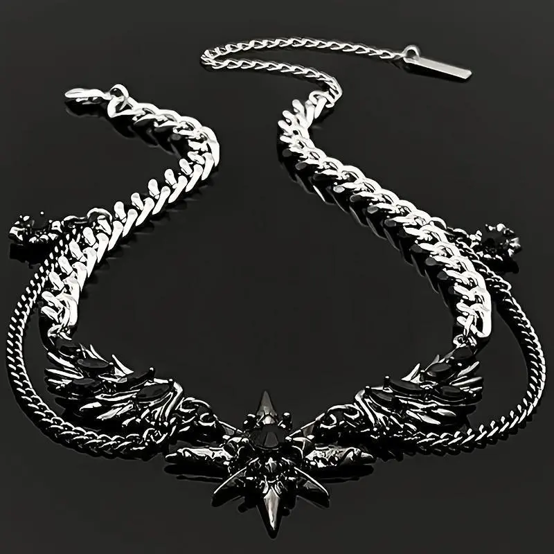 Gothic North Star Wing Black Crystal Layered Chain Choker Necklace - Adjustable Length, Punk Accessories, Unisex Cuban Link Chain Necklaces, Edgy Streetwear Collarbone Jewelry, Statement Chain, Men's Accessories