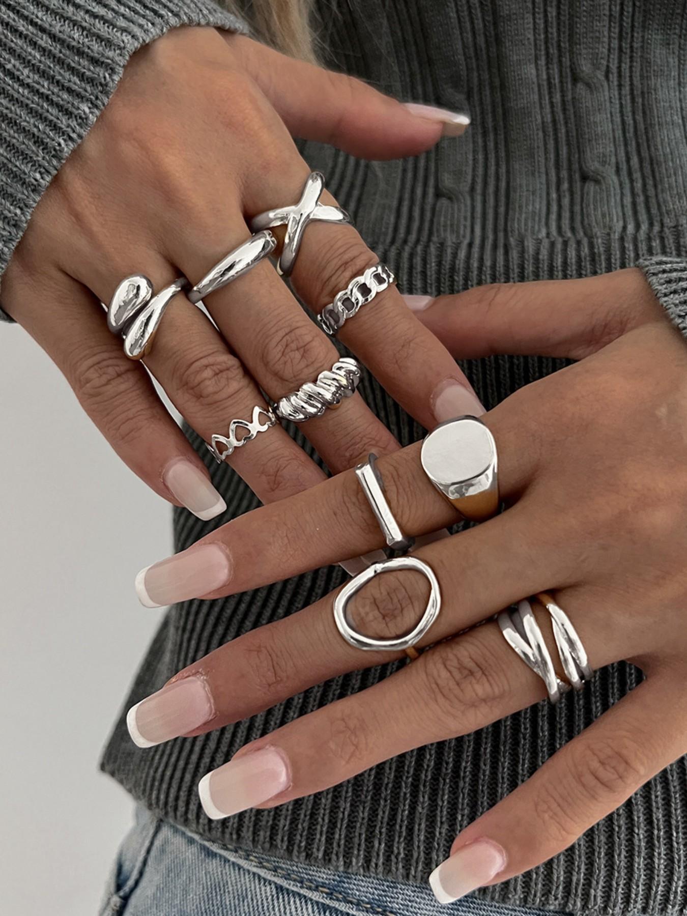 Women's Hip-Hop Style Ring Set, Unique Geometric Joint Rings, Solid Pattern, Zinc Alloy Material, All Seasons Jewelry