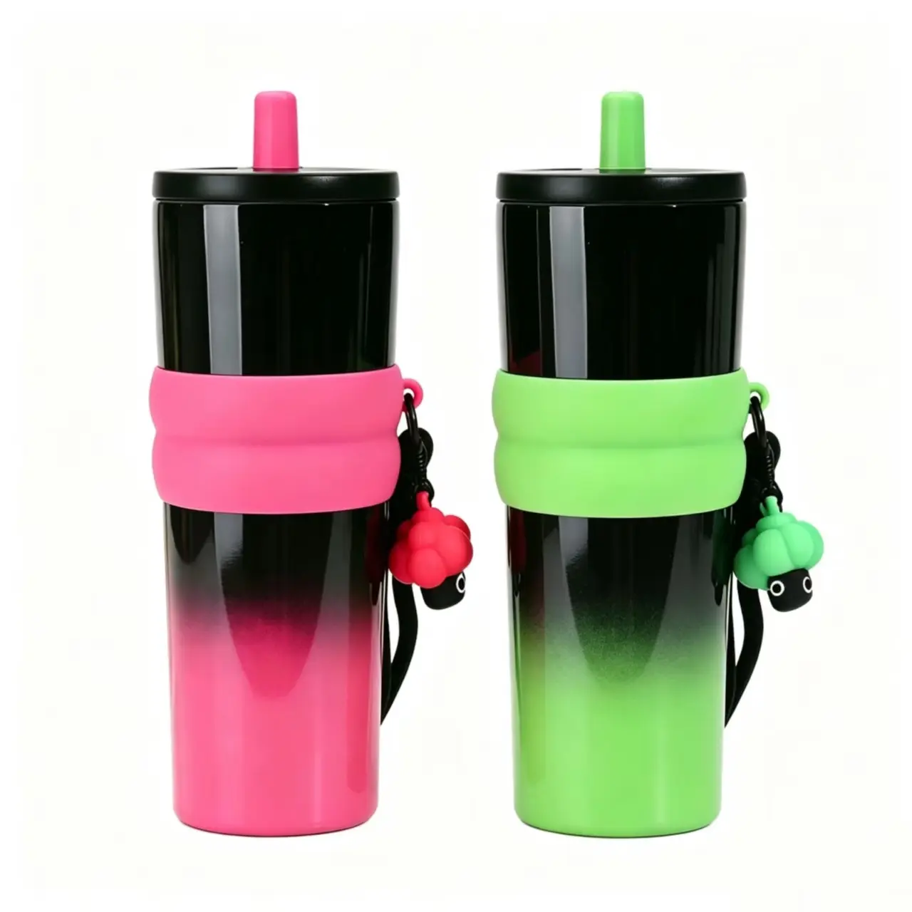 750ml gradient stainless steel coffee cup, large-capacity car cup, vacuum double-layer car cup, heat and cold preservation, with a carrying rope, straw and cute dolls, very suitable for office workers, students and outdoor camping