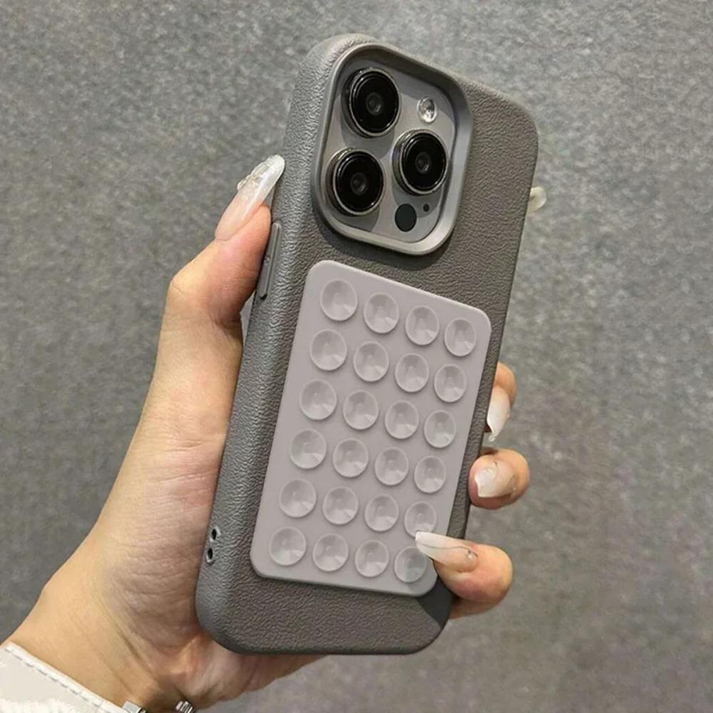 Minimalist Solid-Color Suction Cup Stand Leather-Textured Phone Case Cover Casing For iPhone 17 16 15 14 Plus 13 12 Pro Max 11 XS XR XS Max Shockproof Protective Case Accessories