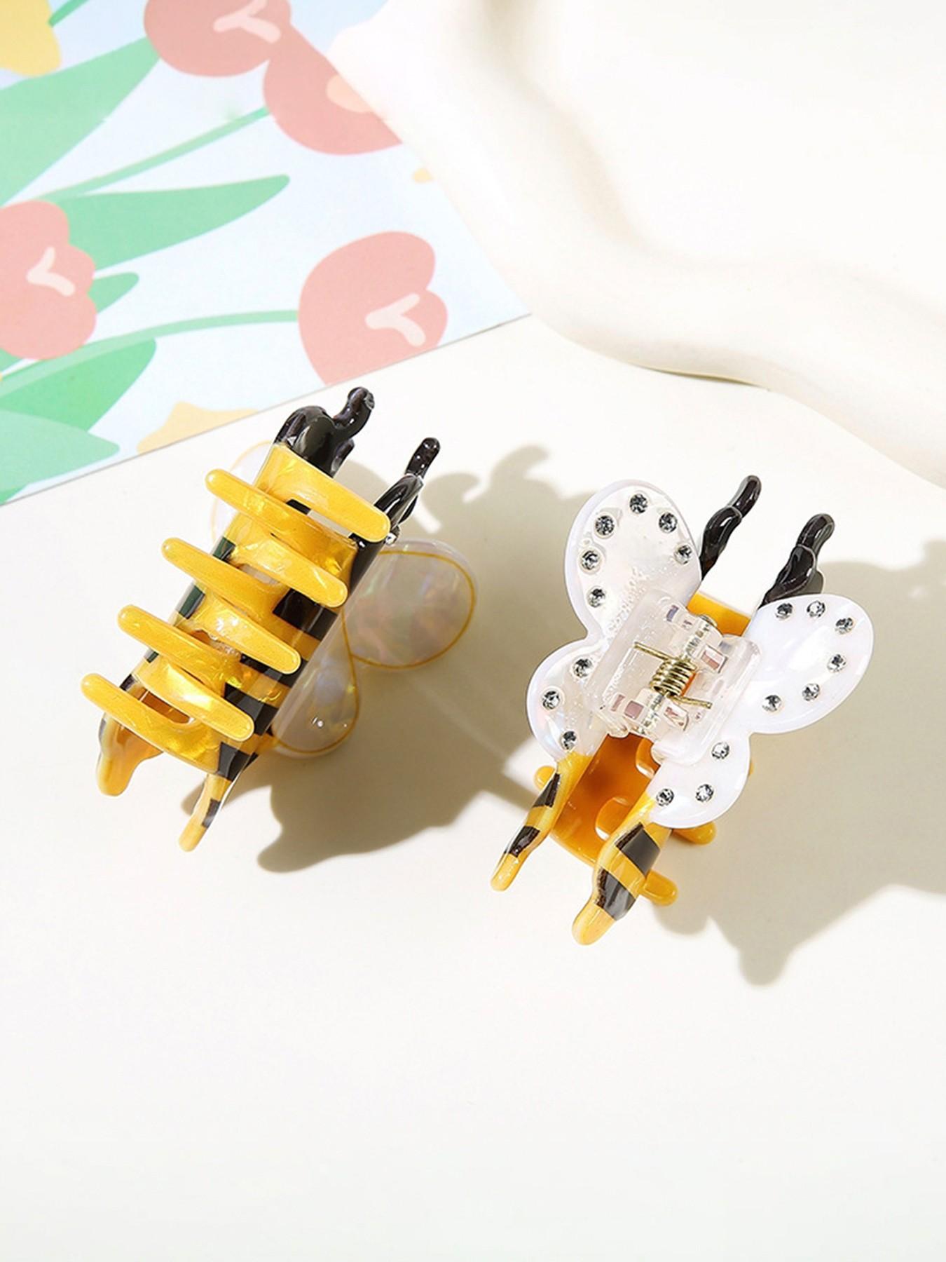 2pcs Ladies' cute bee hair claws, fun cartoon hair accessories, fashionable diamond embellishments, suitable for elegant semi tied hair, parties, campuses, offices, daily casual hair accessories