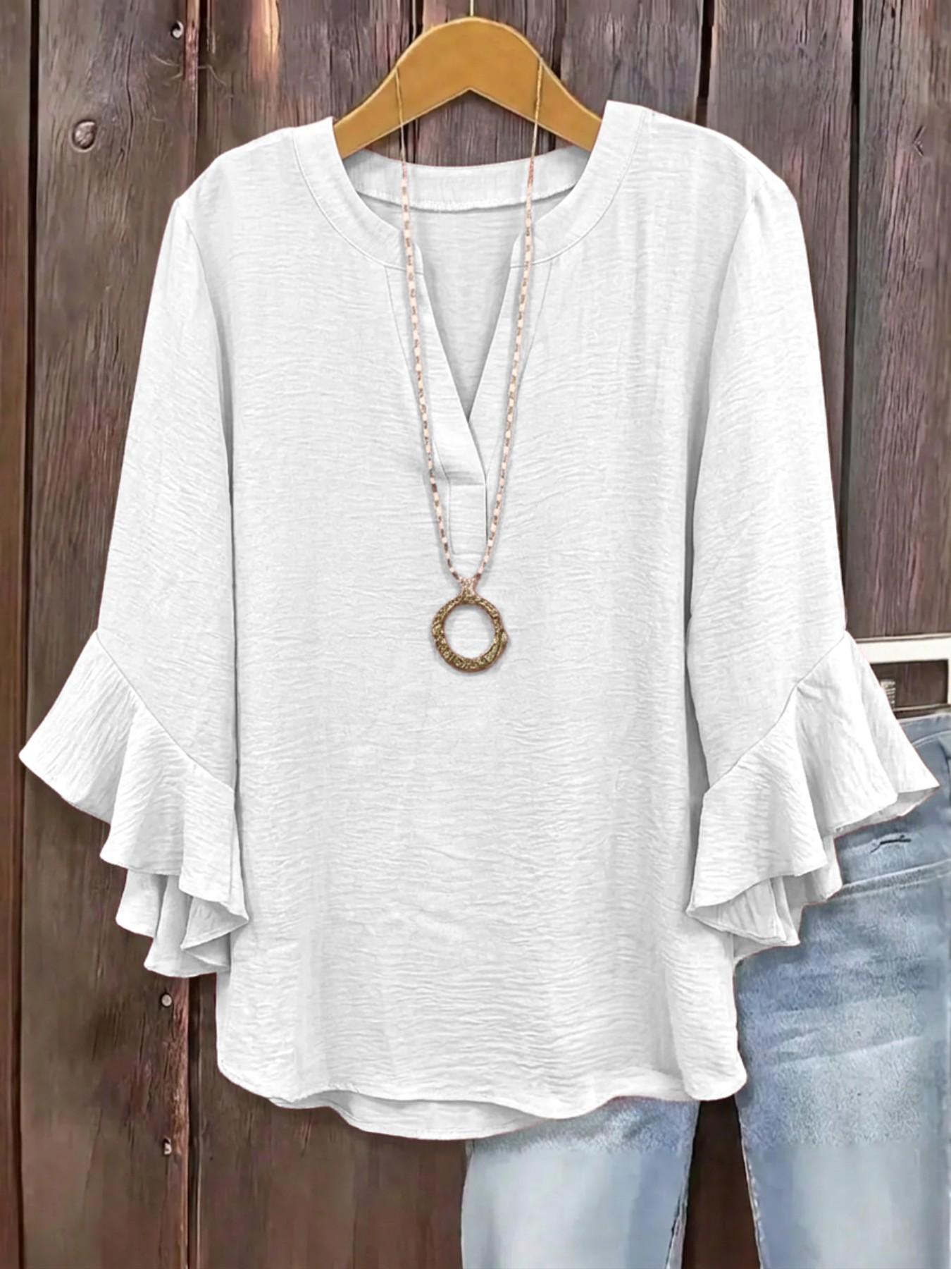 Plus Size V-Neck Ruffled Sleeve Textured Blouse, Loose Fit Y2K Summer Top, Trendy Elegant Flounce Detail, Comfortable Casual Everyday & Party Wear, Blouses Shirts Tops