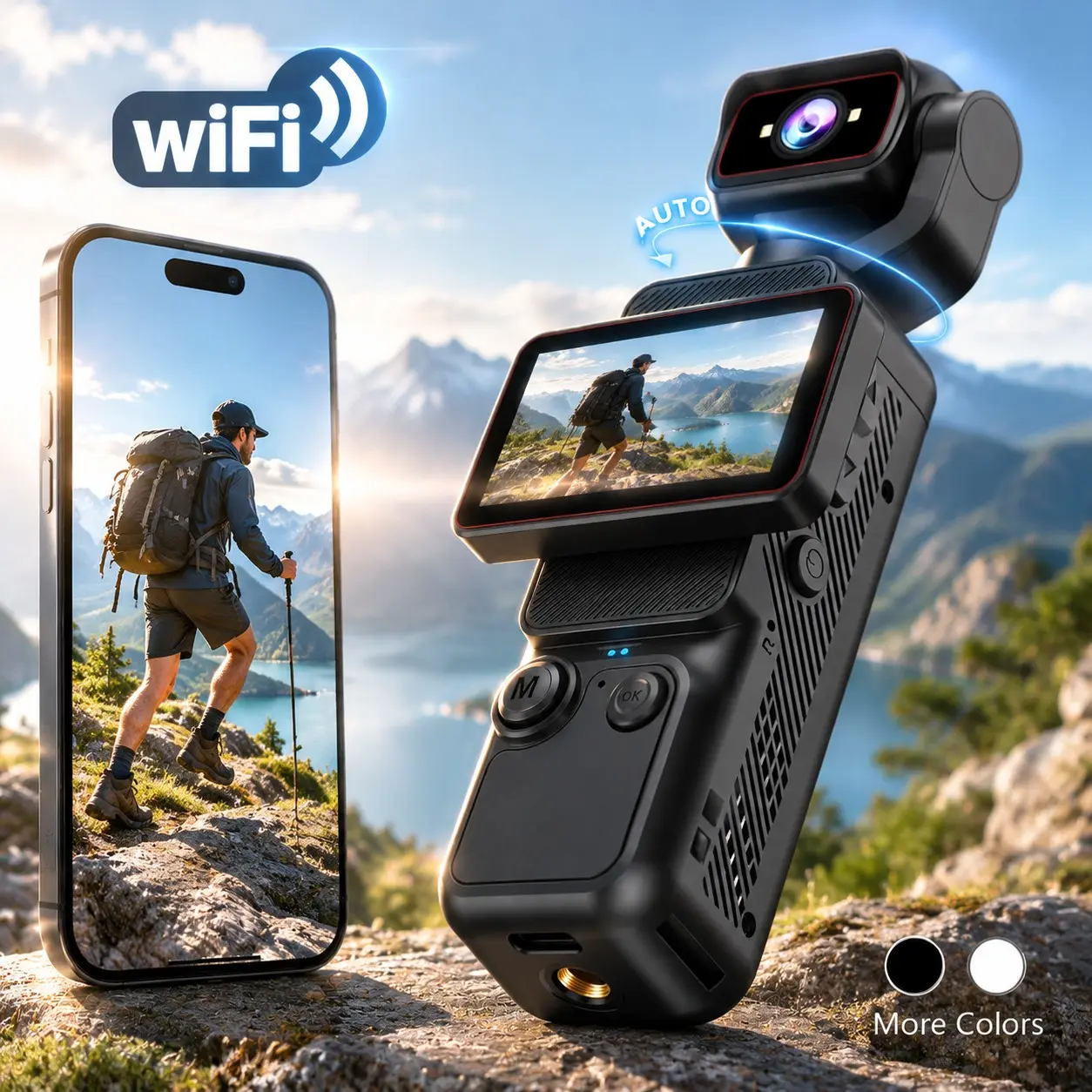 Compact HD Pocket Vlog Camera, 180° Auto Rotating Lens, Image Stabilization, 6X Digital Zoom, WiFi Instant Sharing, Portable Mini Body Camera