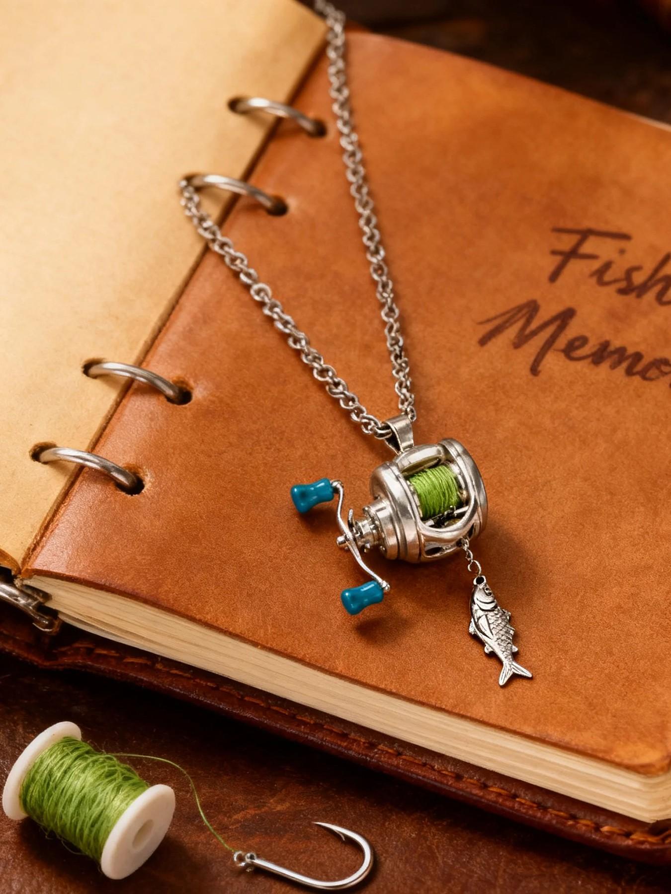Miniature fishing reel necklace, Charms necklace with rotating handle and movable line guide ring, spinning reel fishing gear keychain, portable pendant, perfect for fishing enthusiast