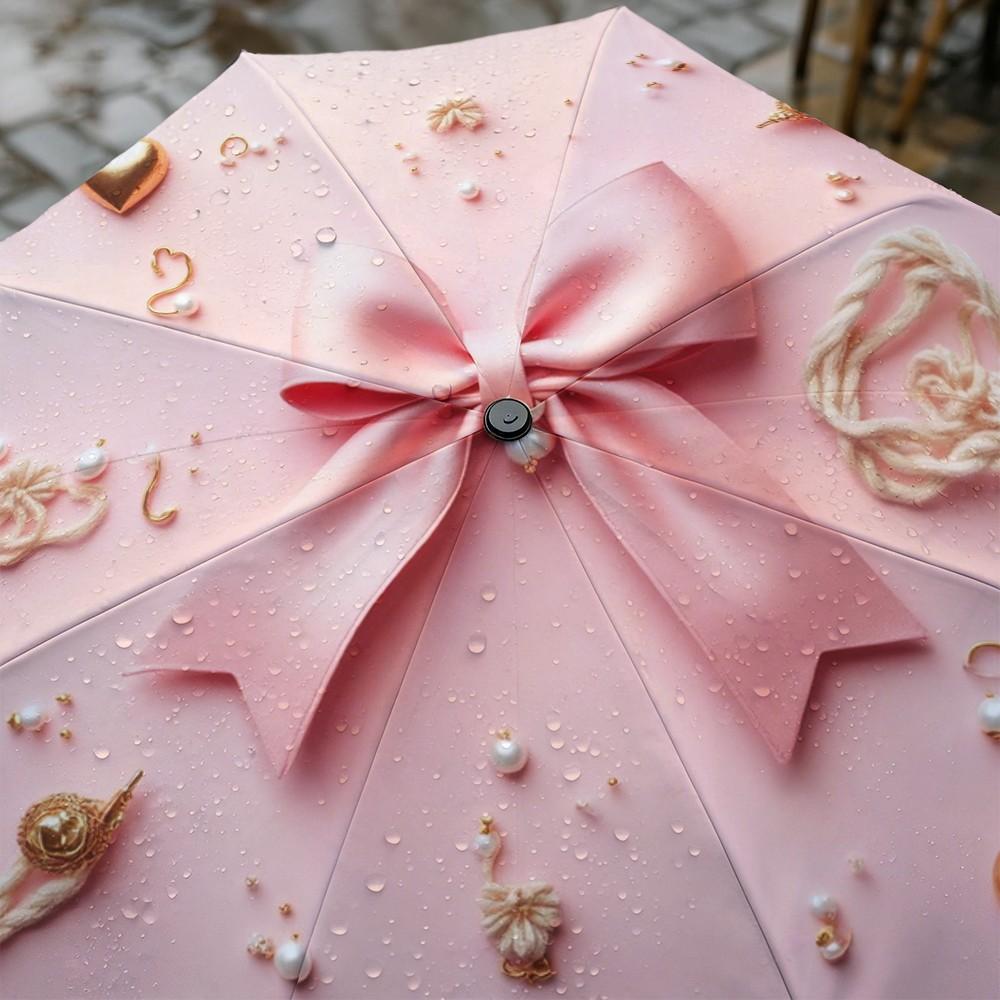 Bow Pearl Heart Folding Umbrella, Automatic Open, Iron Frame, Portable, Suitable for All Seasons, Travel, Office, Formal Events, Portable Outdoor Umbrella