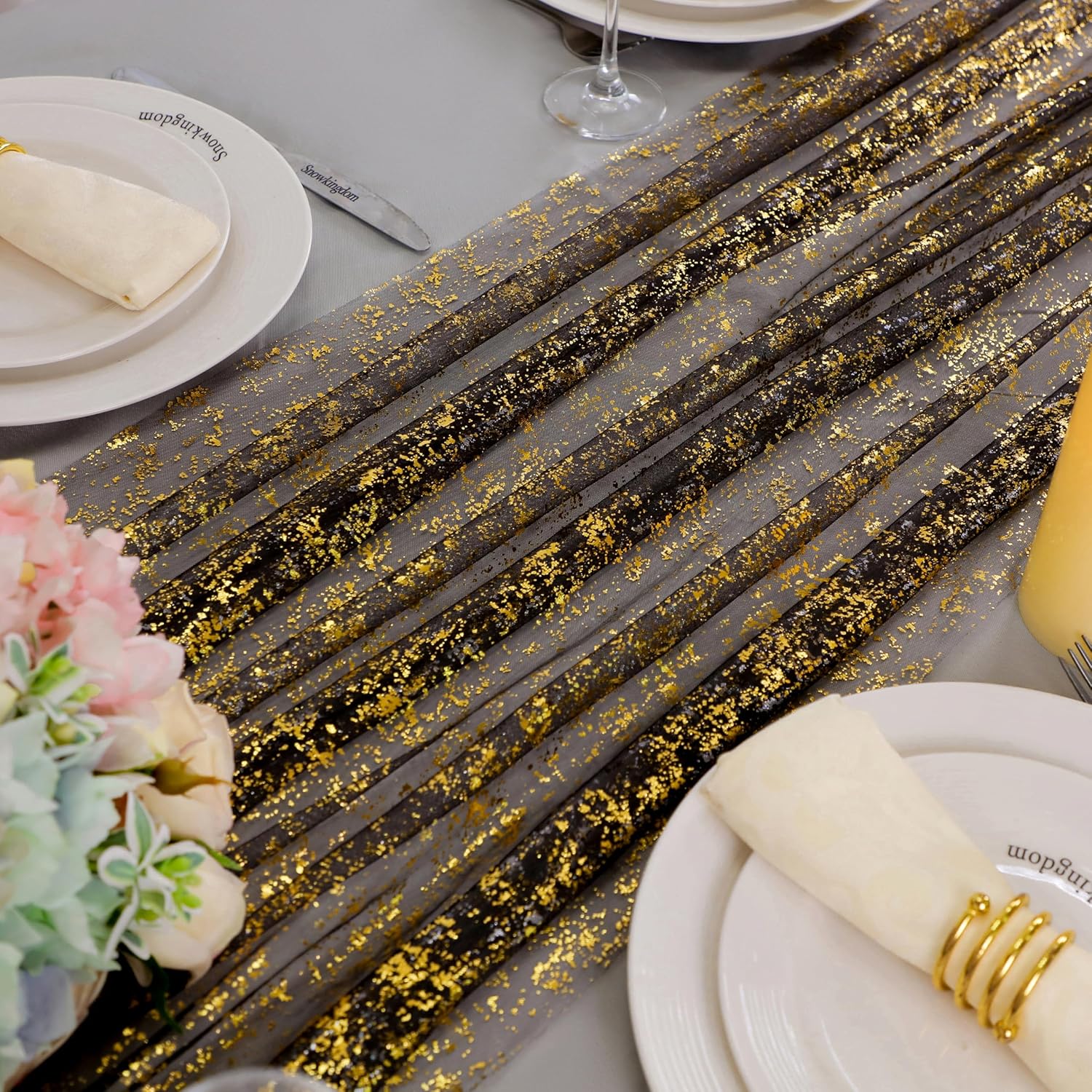 70X400CM Soft Black Gold Metallic Foil Table Runner ,Soft Sparkle Golden Foil Dining Table Decoration For Wedding Bride Shower