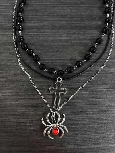 Women's Punk Style Spider Cross Pendant Necklace Set, Vintage Dark Gothic Design, Beaded Chain Jewelry for Parties