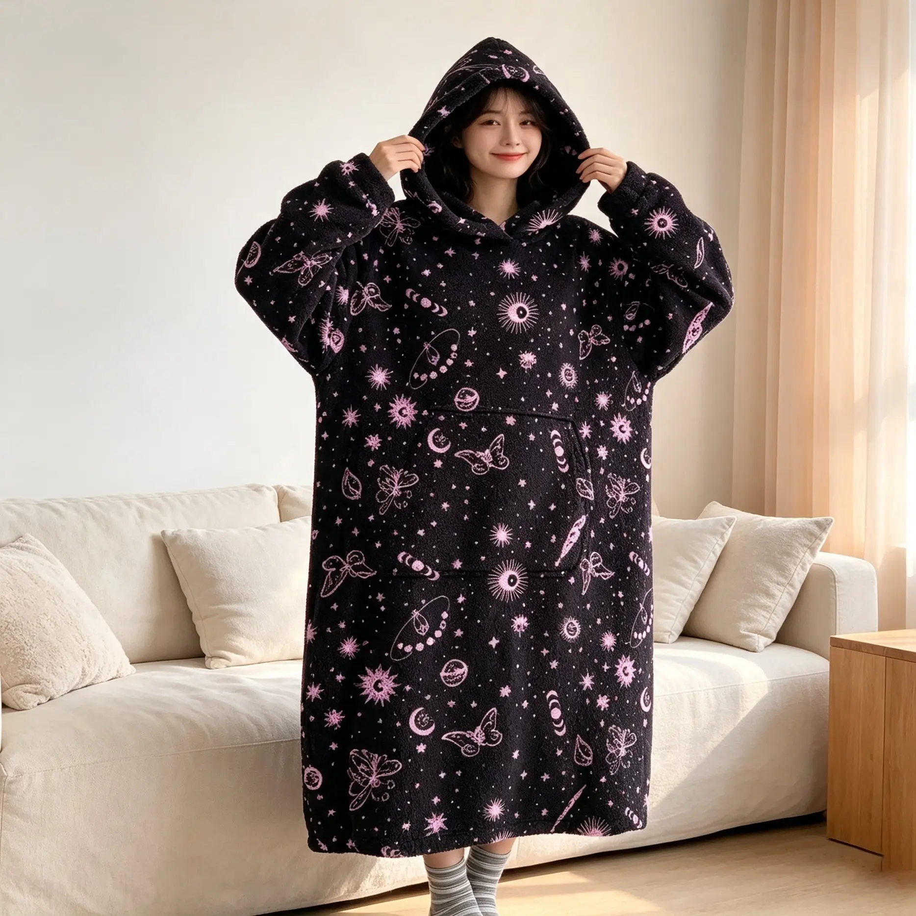 hoodie blanket，Wearable Blanket，Vintage Bohemian Print Hooded Blanket Sweatshirt, Wearable Soft Long Sleeve with Pocket, Fall Winter Holiday Gift, Christmas & Valentine's Day，Christmas Gift,Valentine's Day gift, Cozy Hooded Blanket
