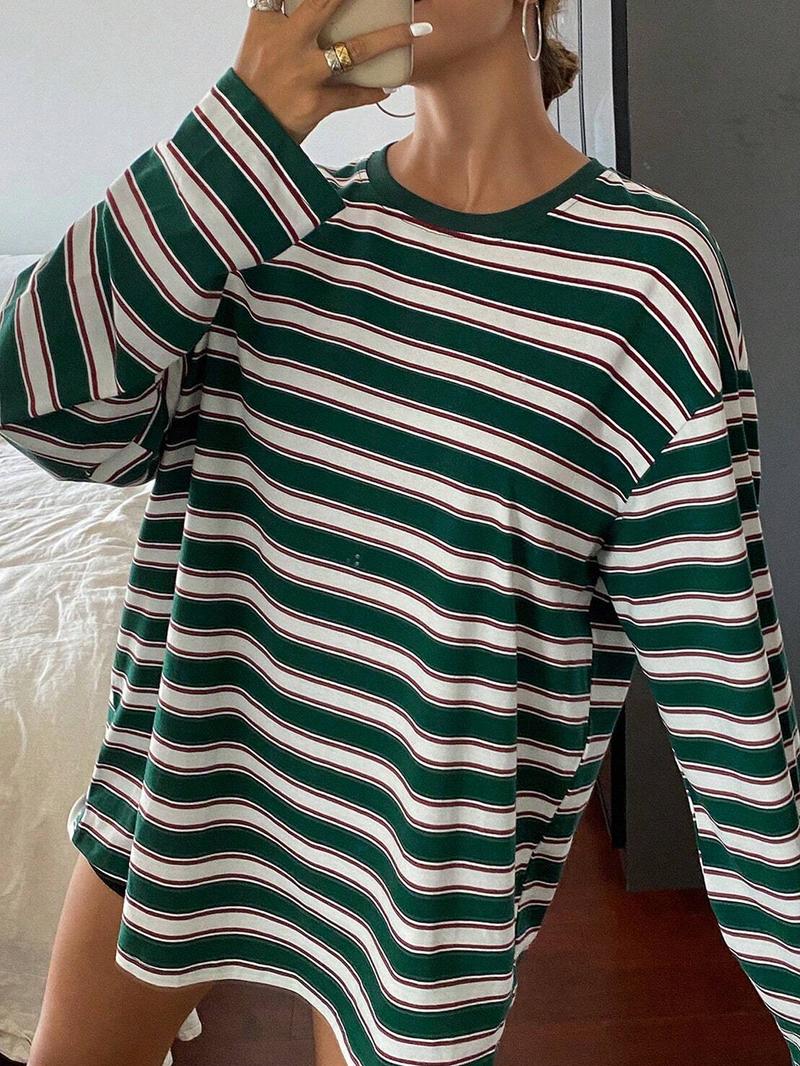Women's Striped Long Sleeve Round Neck Loose Fit T-Shirt, All Seasons Fashion, Comfortable Casual Wear, Perfect for Daily Use