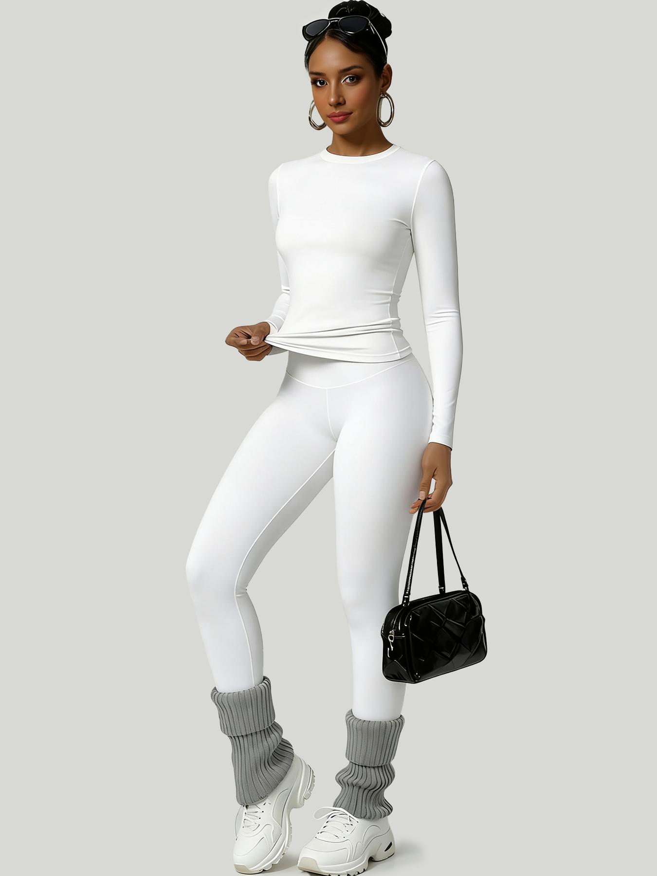 Women's Simple Solid Color Sportswear Set, Comfortable T-Shirt & Slimming Leggings, Perfect for Fall Winter Yoga & Daily Wear