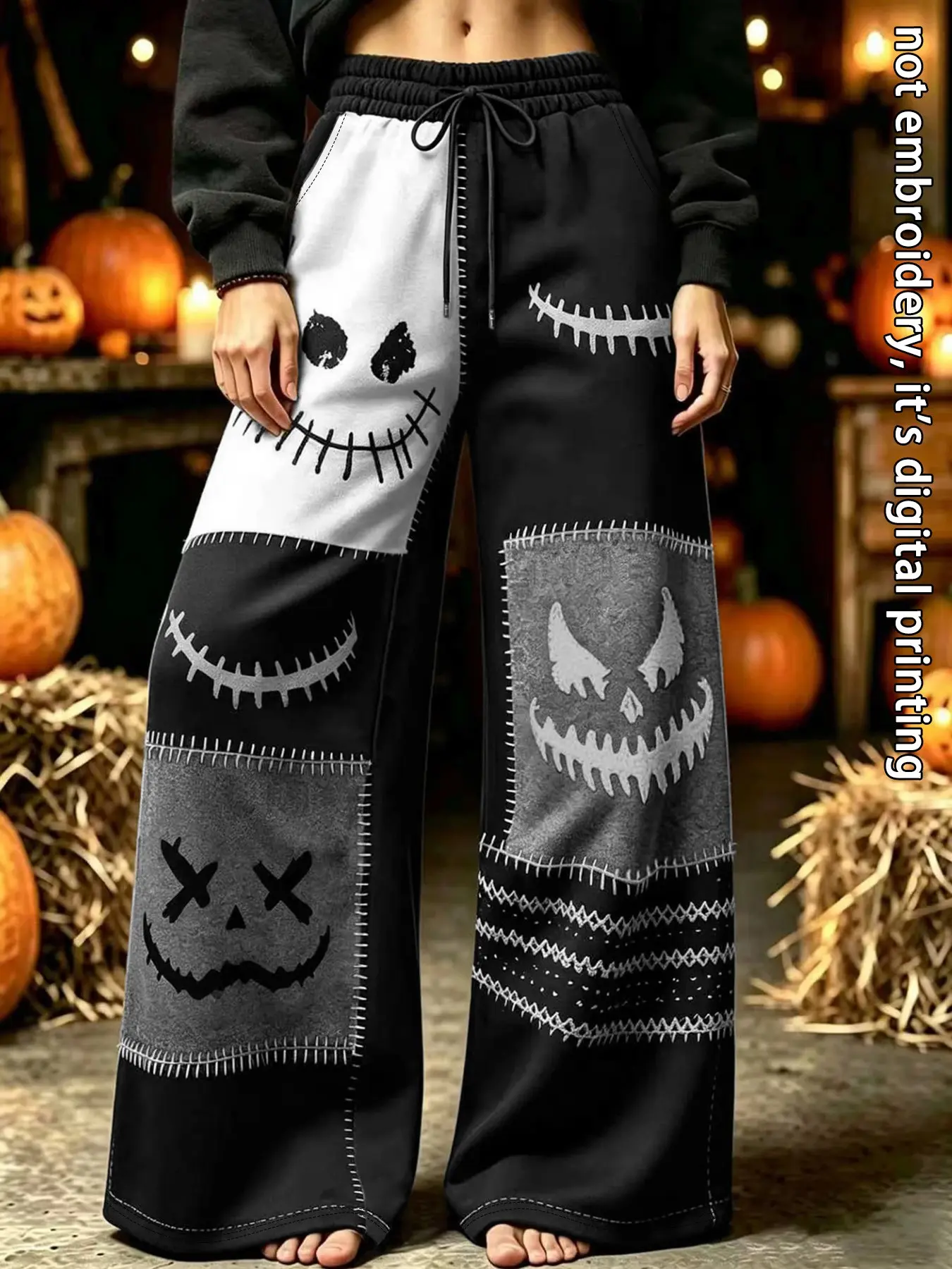 1 Pc Women's Halloween Patchwork Wide Leg Pants, Gothic Skull & Pumpkin Print Drawstring Sweatpants, Digital Printed Elastic Waist Casual Trousers For Halloween Cosplay, Holiday, Party & Daily Wear.halloween,Halloween Costume,Womenswear,Women's Bottoms
