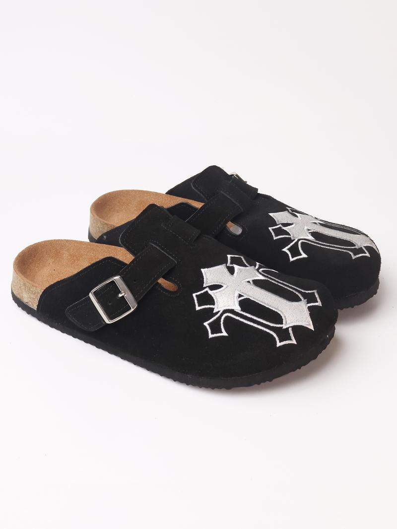 Embroidered Leather Sandals, Punk Style Cowhide Mules, Men's casual clogs Shoe Less Than Ankle Height, All Seasons, Rubber Sole Material, Stylish Punk Clogs