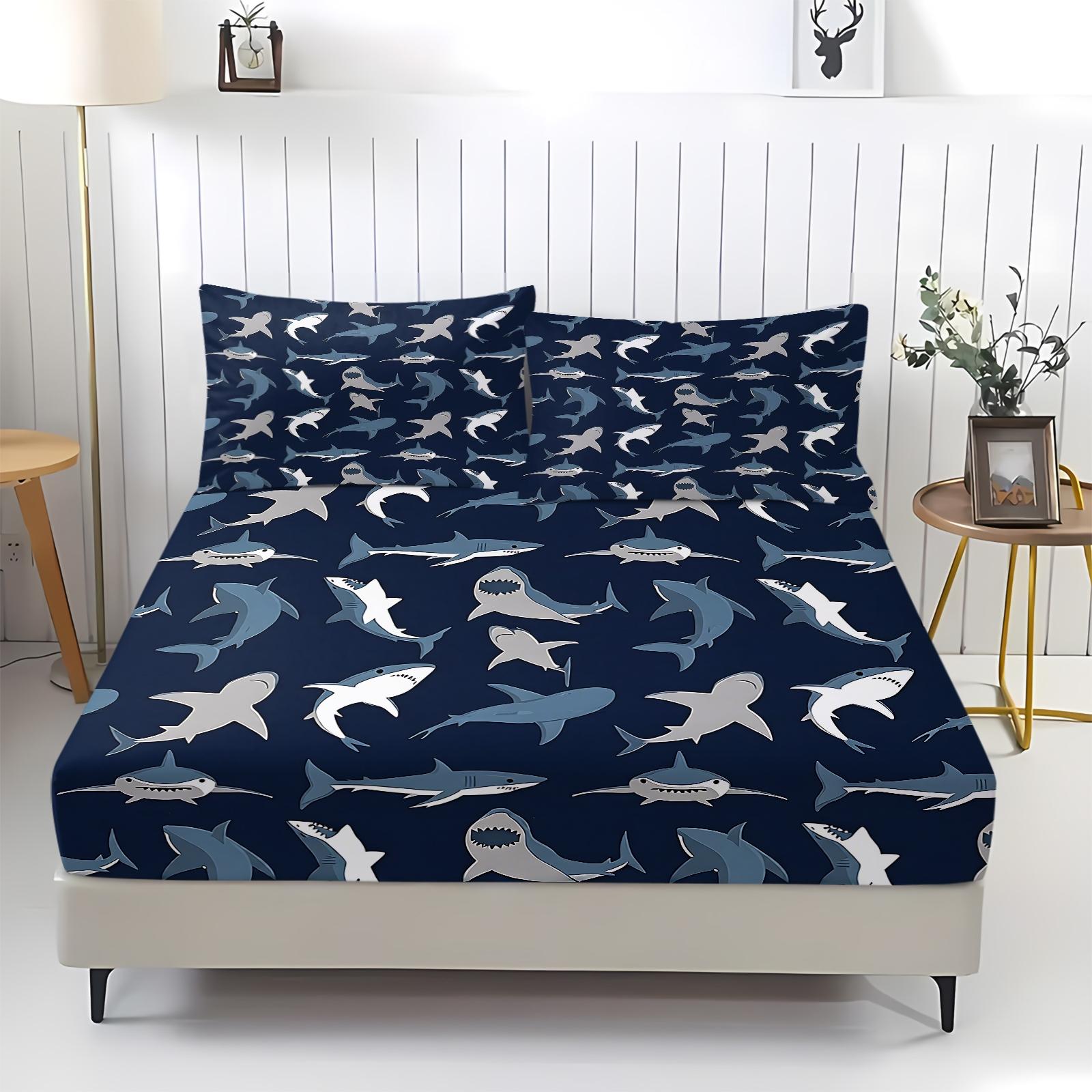 3PCS Cute Shark Pattern Fitted Sheet Set, Ocean Animal Bed Sheet Set, Soft Microfiber Bedding Set (No Fillers),Marine Animals Bedding Set for Kid Teen Boys Girls