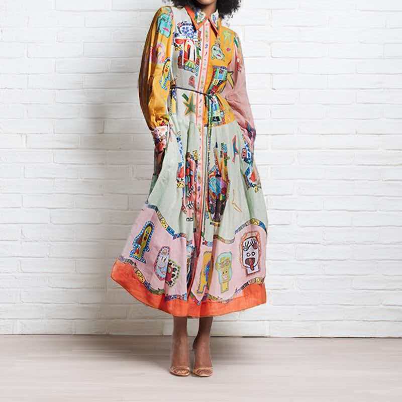 2026 European and American Women's Spring New Lantern Sleeve Printed Collar Waist-Cinching Flared Dress