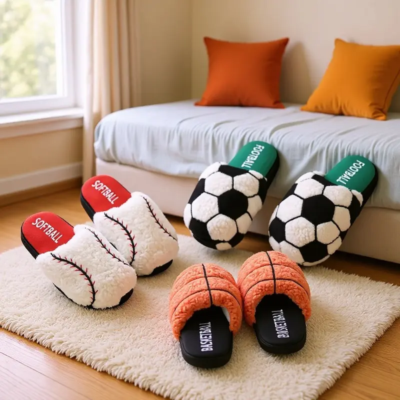 Sports Ball Shape Plush Slide Slippers, Basketball Soccer Baseball Design Fuzzy Open Toe fluffy House Slippers, Warm Cozy Indoor Non Slip Home footwear Shoes, Trendy Novelty Gift For Sports Fans Men Women Soft Anti-Skid Winter Clog christmas Slippers 