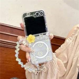 Clear Cute Flower Magnetic Phone Case For Samsung Galaxy Z Flip 7 6 5 Flip6 Flip7 Cover with Magsafe Stand Chain Hinge Cases