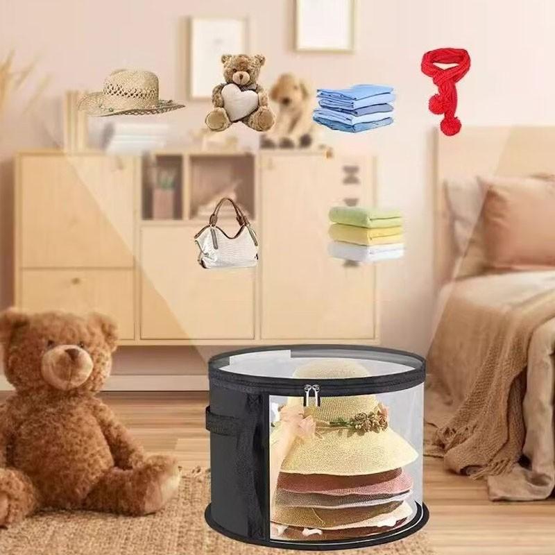 Stackable Round Hat Storage Bucket Organiser with Transparent Window, Flip-Top Access, Multi-Purpose Fabric Bag, Ideal for Beach and Travel