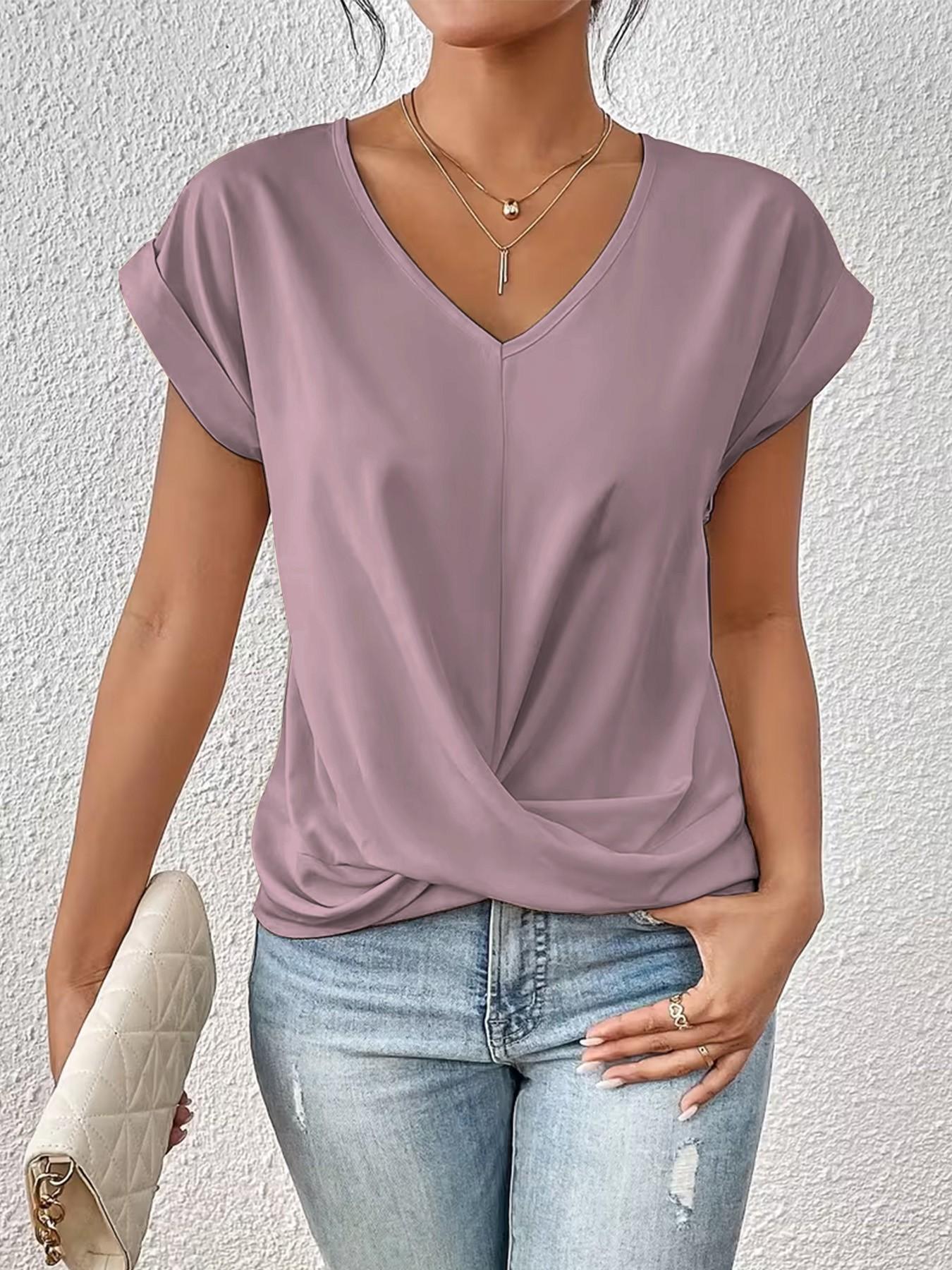 2026 Women's V Neck Twist Front Blouse, Sexy Ruched Waist, Short Sleeve, Casual Top, Tummy Control, Leg-Lengthening, Office Shirt