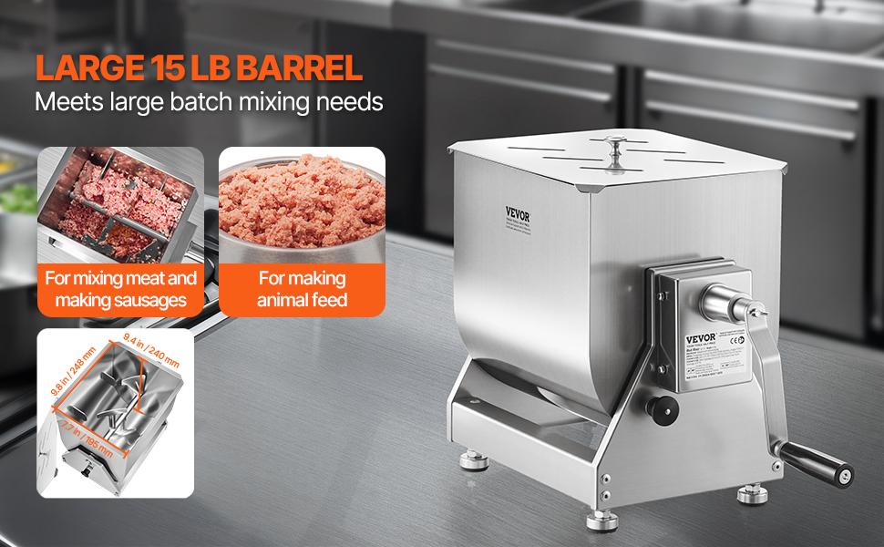 VEVOR Manual Meat Mixer, 15L Tilt Tank Meat Processing Equipment(Mixing Max 15LBS for Meat), Stainless Steel Meat Mixer, Sausage Mixer Machine with Lid Handle Gear Reducer, Ground Beef Hand Mixer