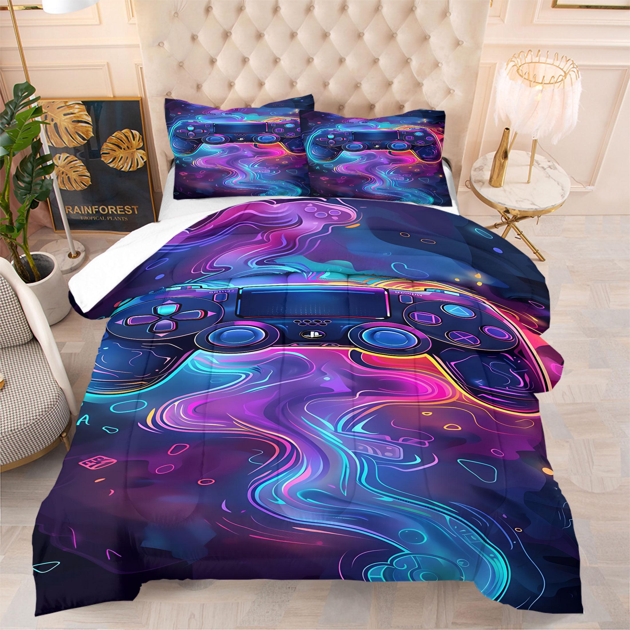 Street Graffiti Game Controller Comforter Set,Includes 1 Comforter & 1-2 Pillowcases,Neon Gamer Themed Print Bedding Set,Soft Breathable All-Season Gamer Bedding,for Teen Boys Bedroom Gamer Room Dorm Decor,Perfect Gift for Video Game Lovers