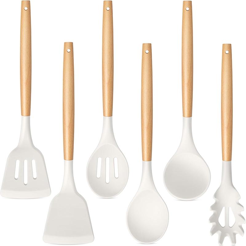 Silicone Kitchen Utensils Set, 6 Counts/set Wooden Handle Cooking Utensils Set, Heatproof Kitchen Tools for Non-stick Cookware