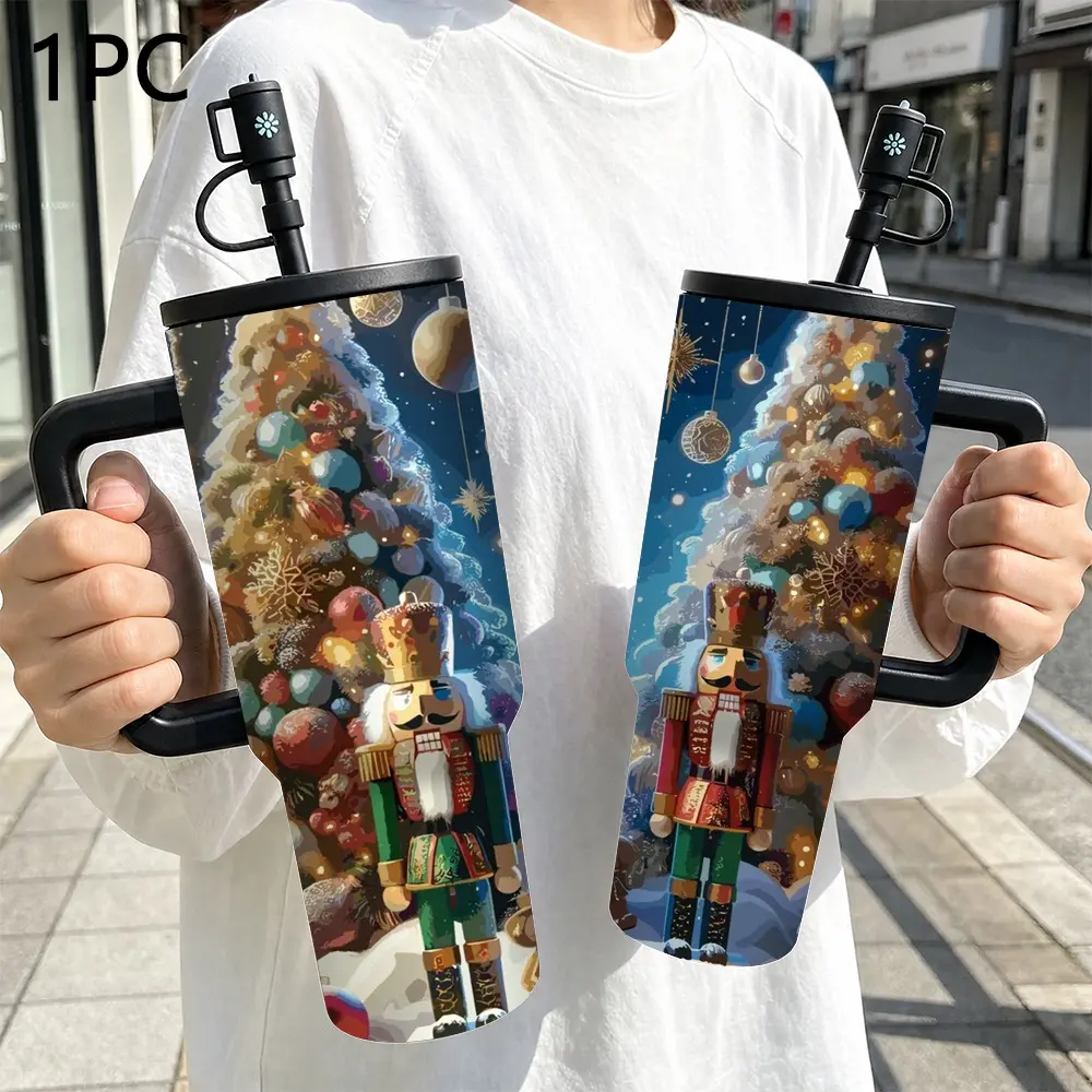 40oz 304 Stainless Steel Tumbler, Christmas Nutcracker Print, with Handle and Straw, Fits Car Cup Holder, for Daily and Travel Use