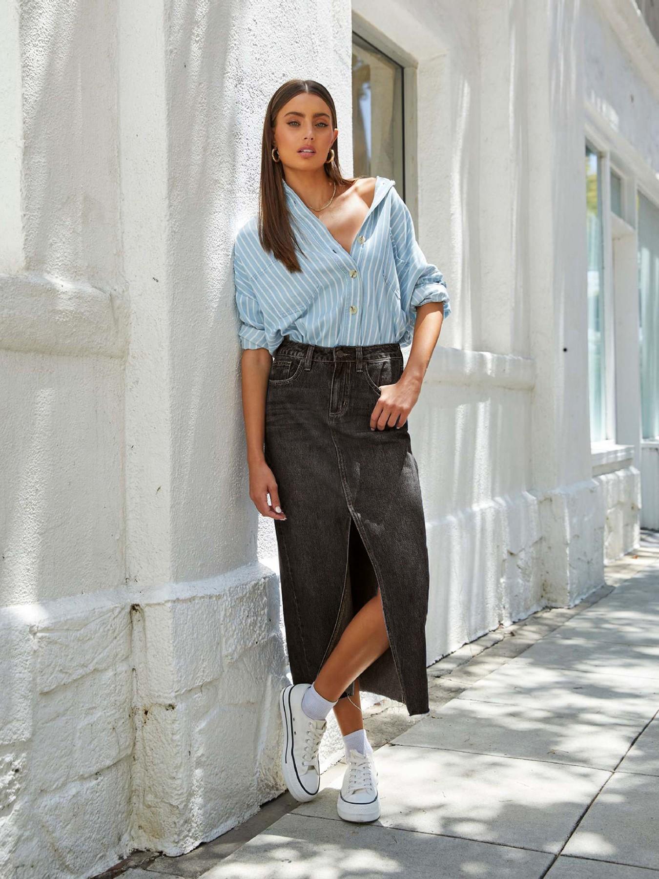 Women's Straight Leg Split Denim Midi Skirt, Basic Fitted Denim Half Skirt, Pocket Design, Slimming Casual Dress for Summer, Slit