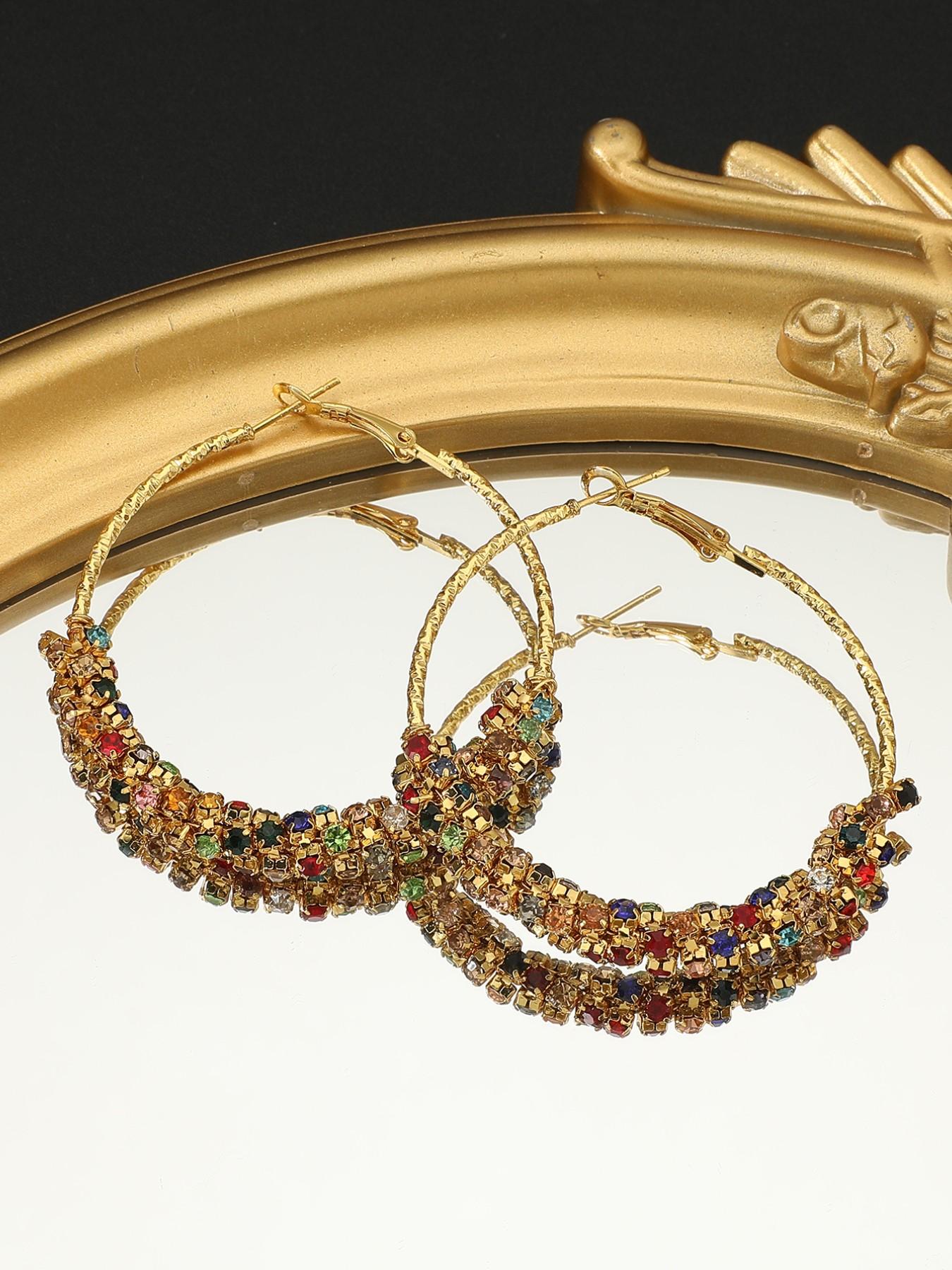 Handmade Colorful Rhinestone Hoop Earrings, Retro Unique Design, Striped Pattern, Titanium Alloy, All Seasons Accessories