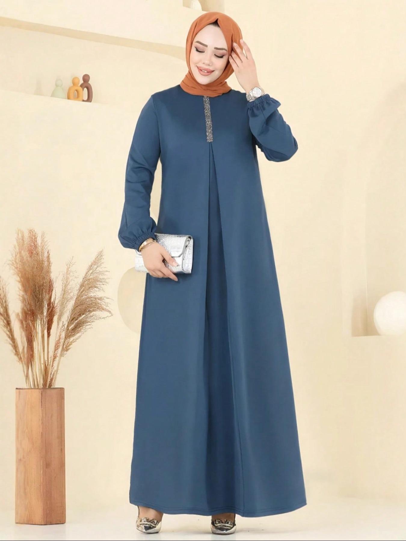 Women's Plain Round Neck Long Sleeve Dress, Casual Solid Color Crew Neck Long Dress for Daily Wear, Ladies Clothes for All Seasons