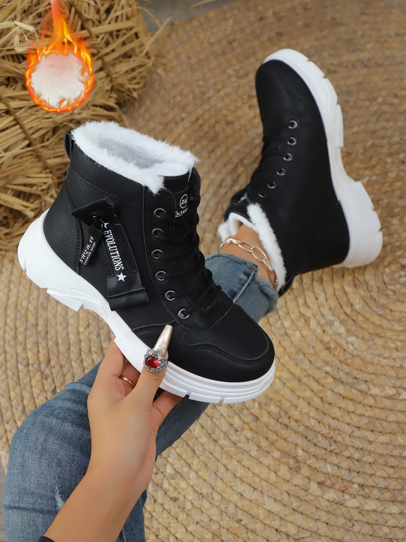 Trendy Ladies Winter High Top Ankle Boots, Soft Fleece Lining, Lace Up Design, Comfortable Rubber Sole, Casual Street Style, Fashionable Boots