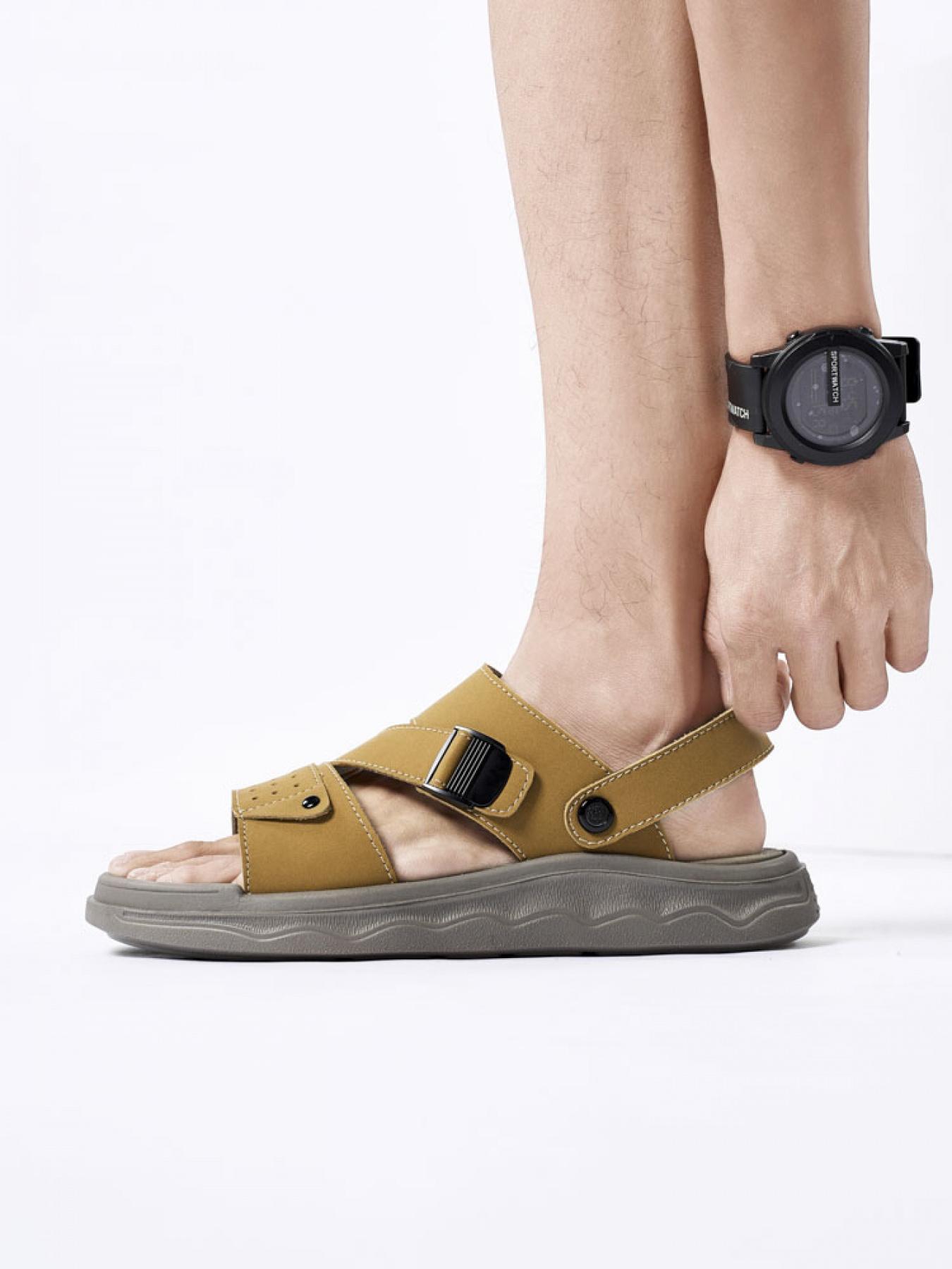 Men's Solid Color Dual-Wear Velcro Sandals Thick-Soled Breathable Beach Shoes Non-Slip Wear-Resistant Outdoor Water-Slippers