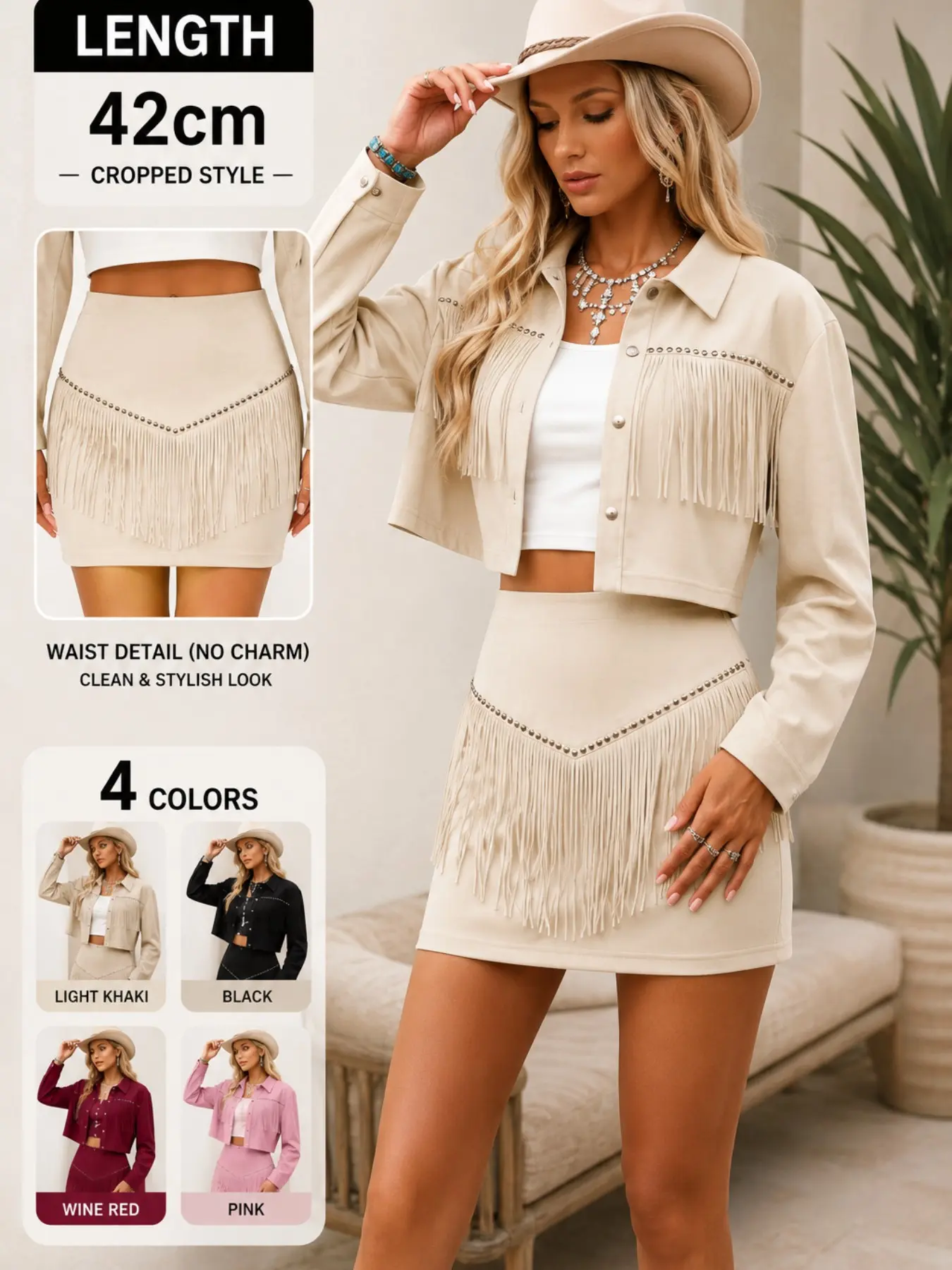 Women's Western Style Fringe Two-Piece Set Outfit, Denim Short Jacket + Mini Skirt, Country Music Festival, Nashville Fashion, Tiktok Trendy