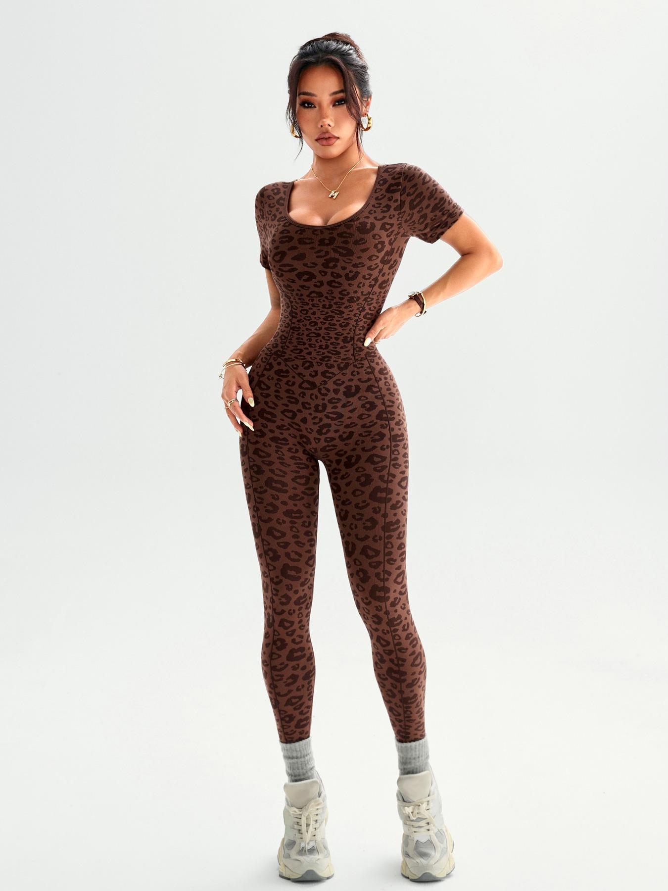 Women's Seamless High Stretch Leopard Print Backless Short Sleeve Long Pants Jumpsuit Butt Lifting Tight Yoga Sports Gym Jumpsuit Sportswear Jumpsuits