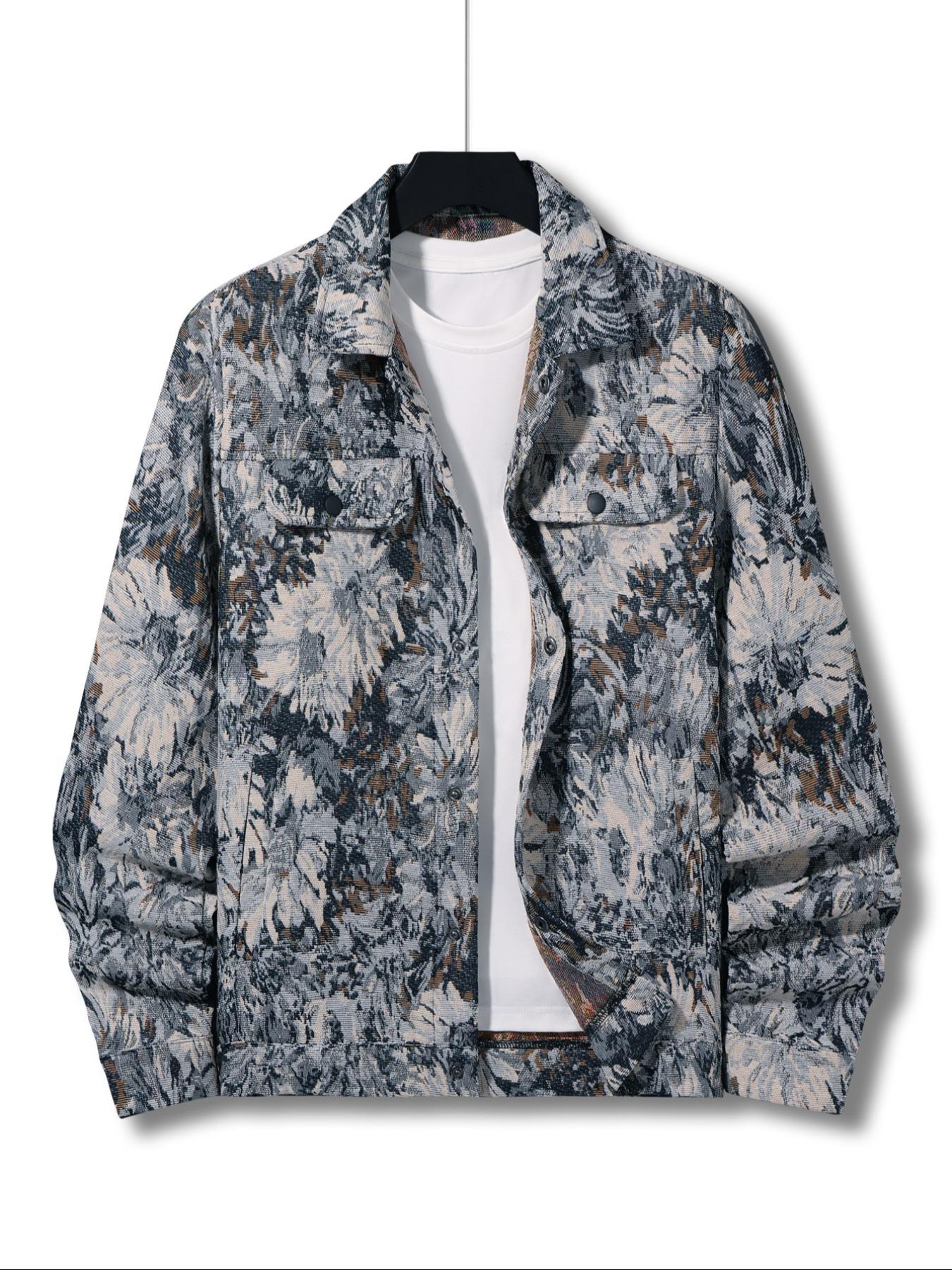 Men's Floral Print Button Front Jacket, Regular Fit Casual Long Sleeve Collared Outerwear for Fall & Winter, Men's Clothes for Daily Wear, Fashion Fit Jacket