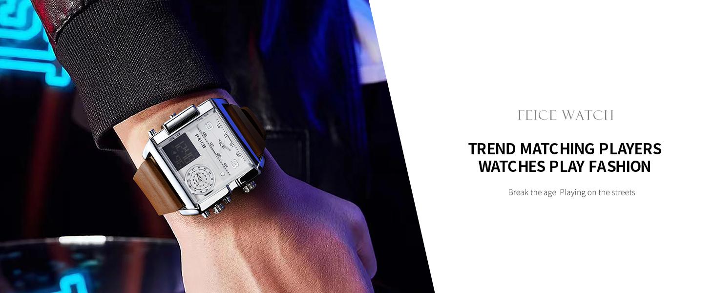 FEICE Men's Square Sport Watch| 50mm Oversized Dial, Dual Movement, Men’s Waterproof Luminous Sport Watch in silver display