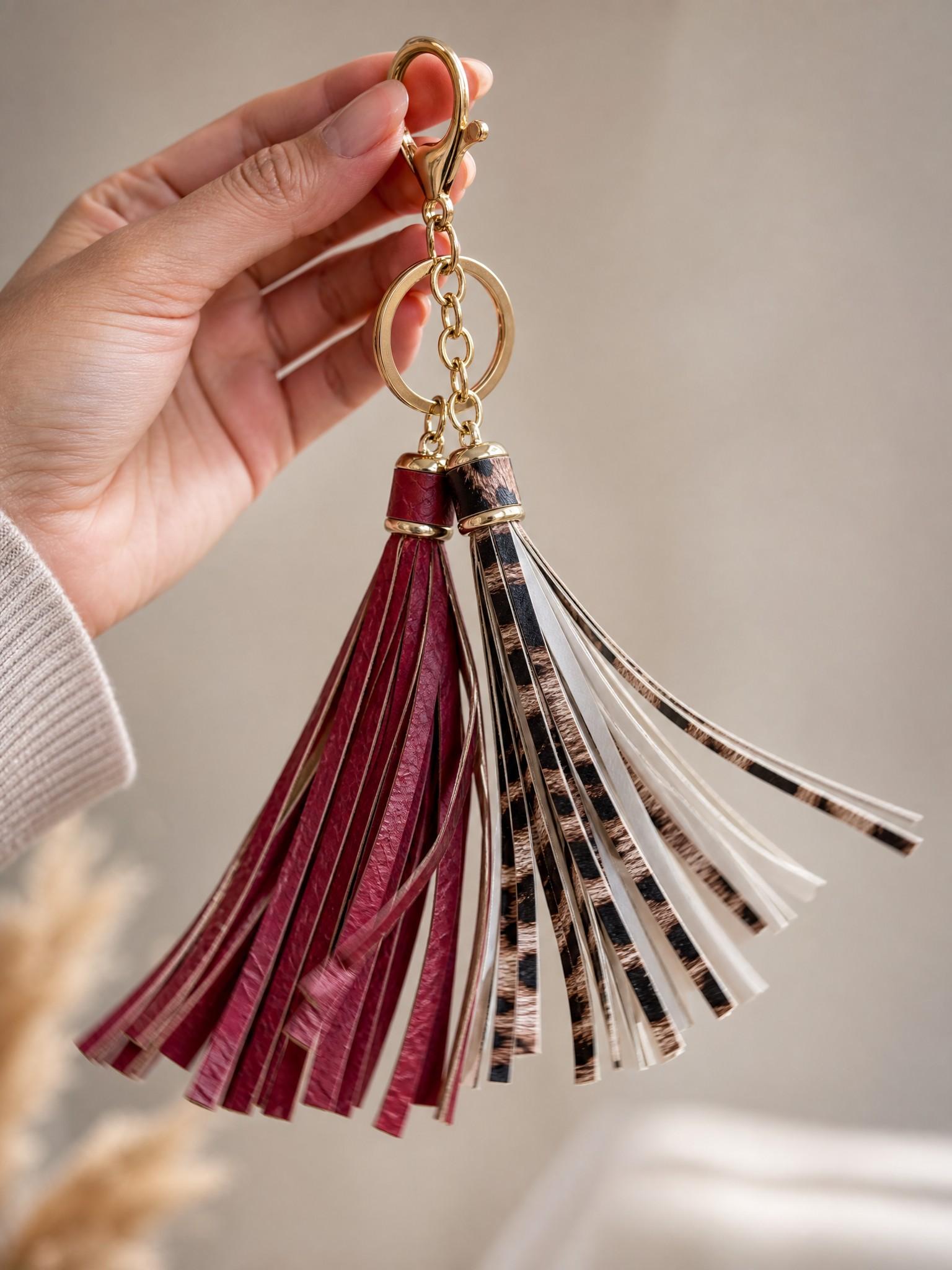 Chinese Knot Fringe Pendant, Boho Style Bag and Phone Chain Accessory, Handmade Leopard Print Keychain, Multi-Function Clip