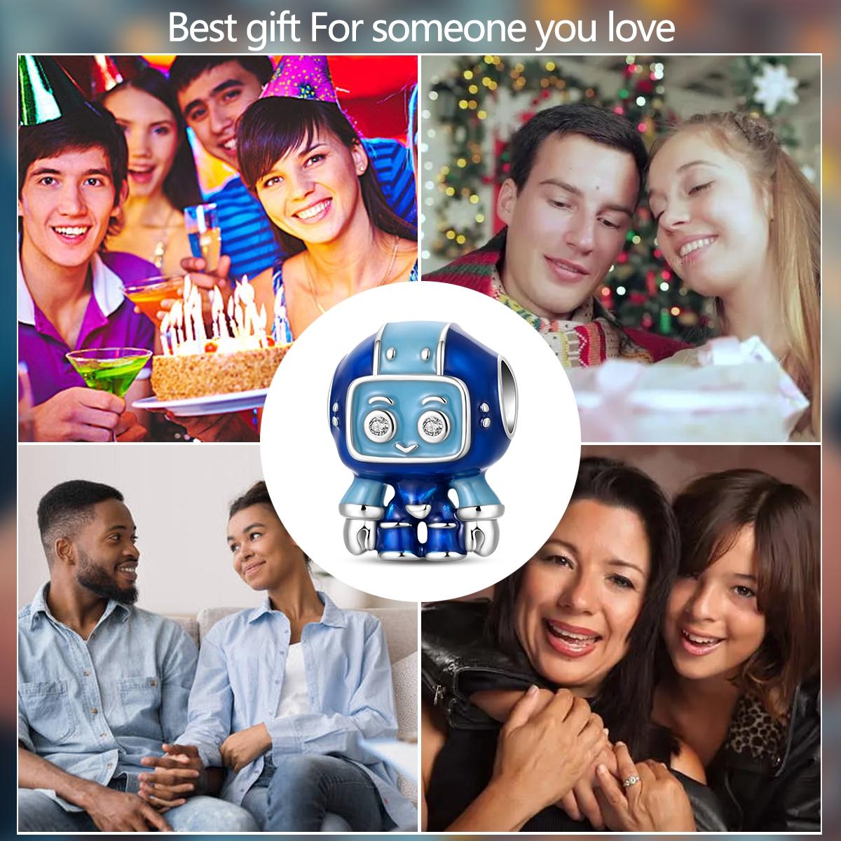 Cute Robot Charm, Blue Enamel & Crystal Eyes, Techy Kawaii Jewelry, Perfect for Pandora Bracelet, Unique Gift Idea